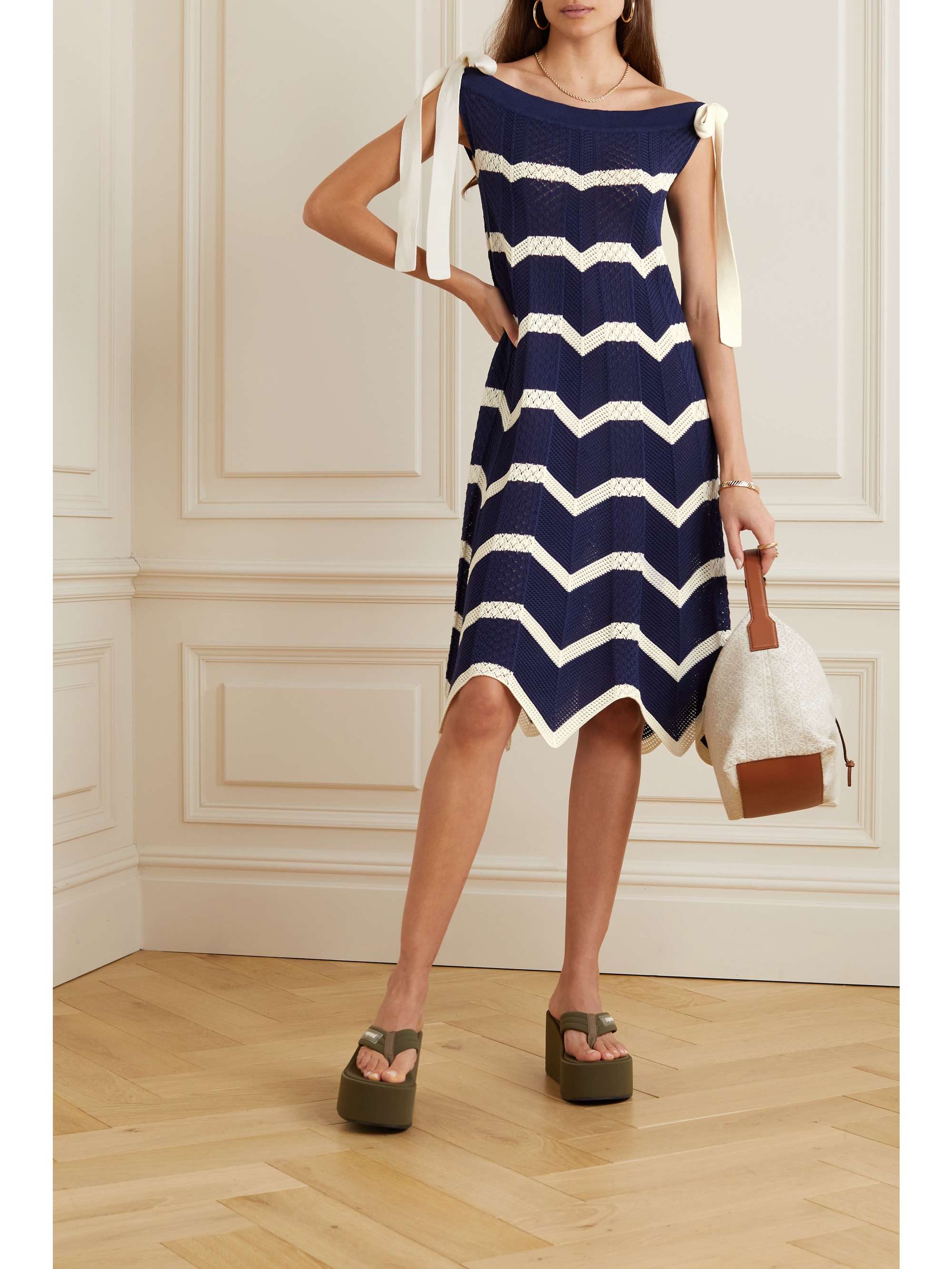 LA DOUBLEJ Striped crocheted cotton mini dress