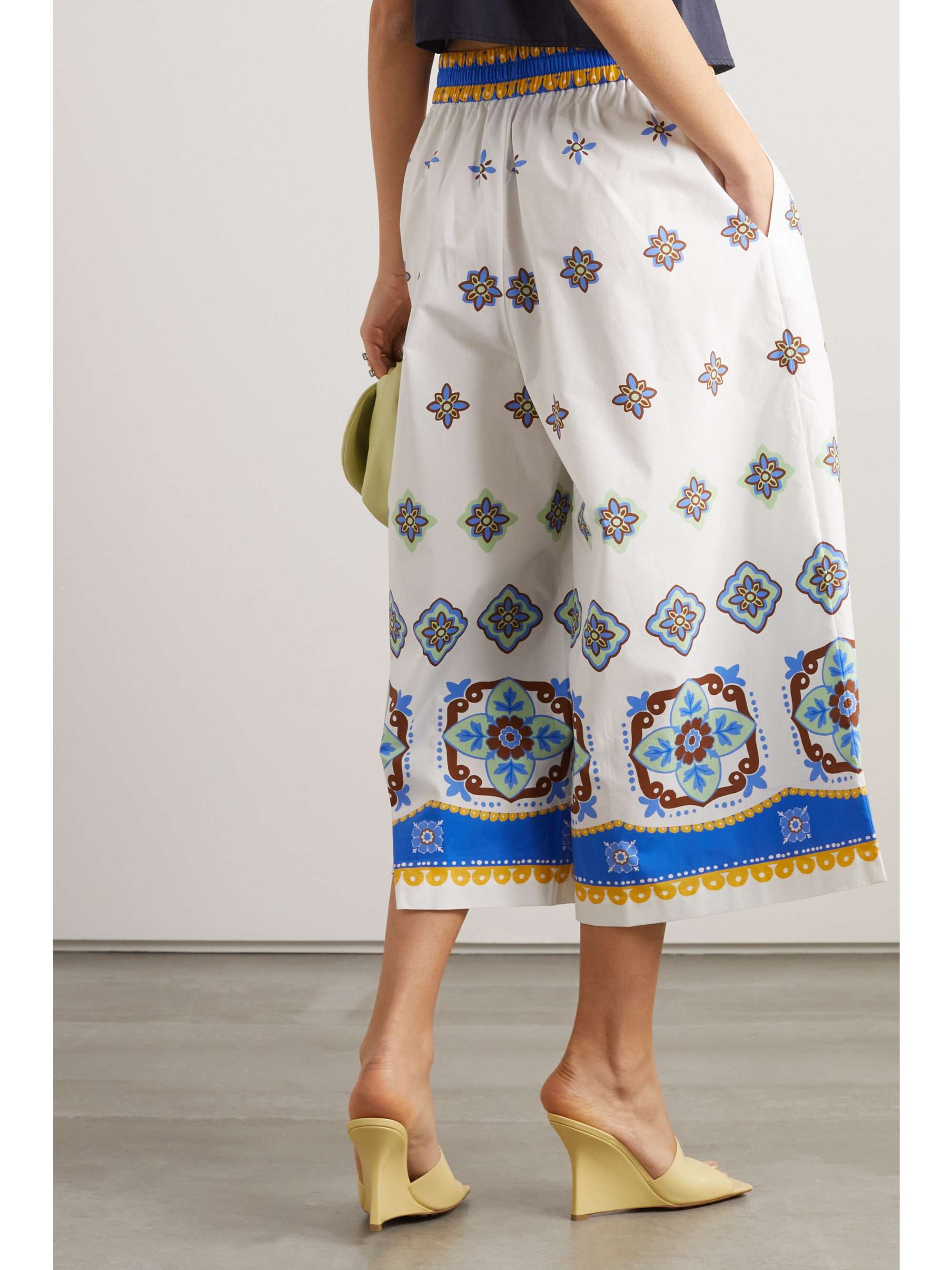 LA DOUBLEJ Printed cropped cotton-poplin wide-leg pants