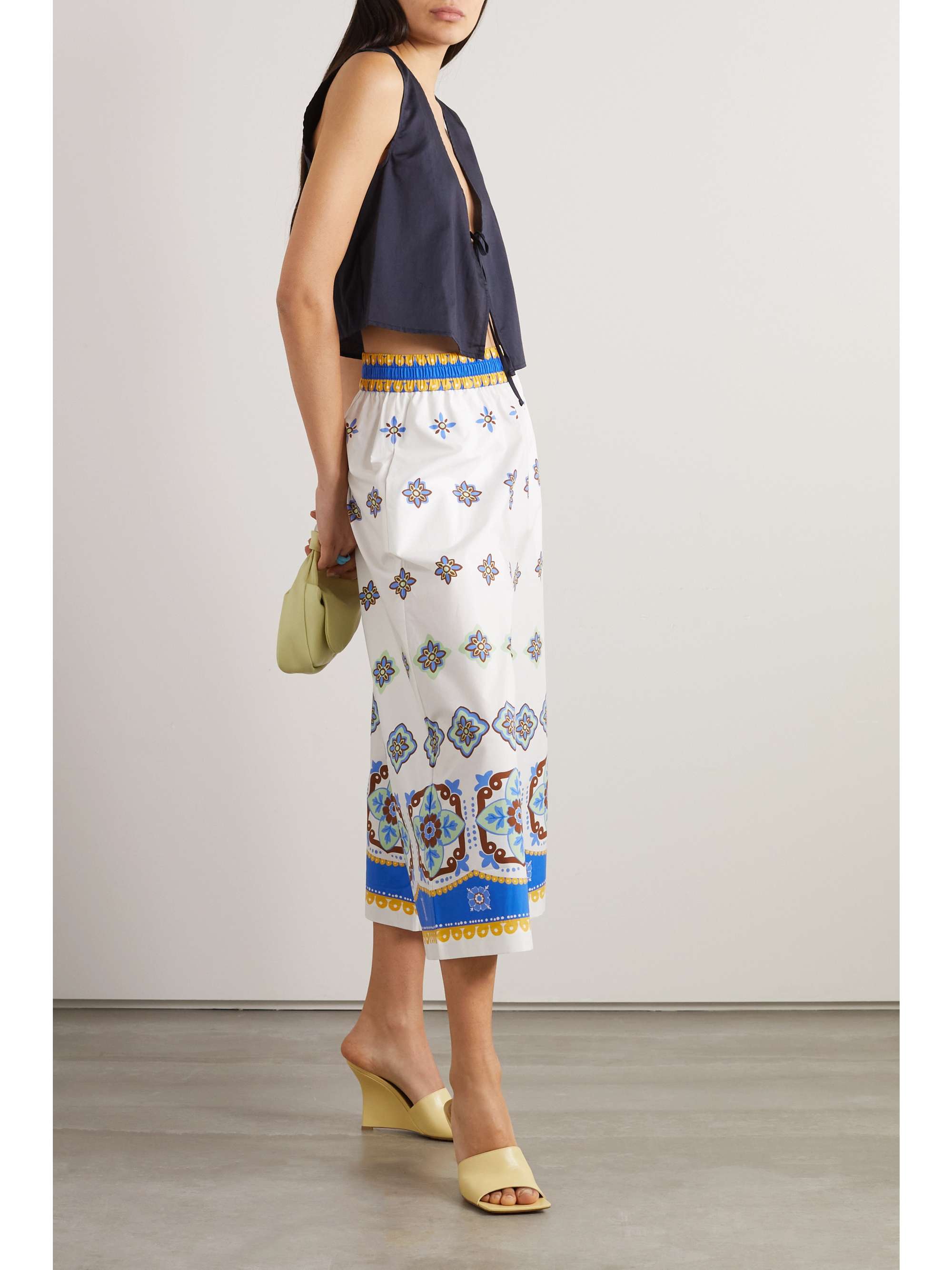 LA DOUBLEJ Printed cropped cotton-poplin wide-leg pants