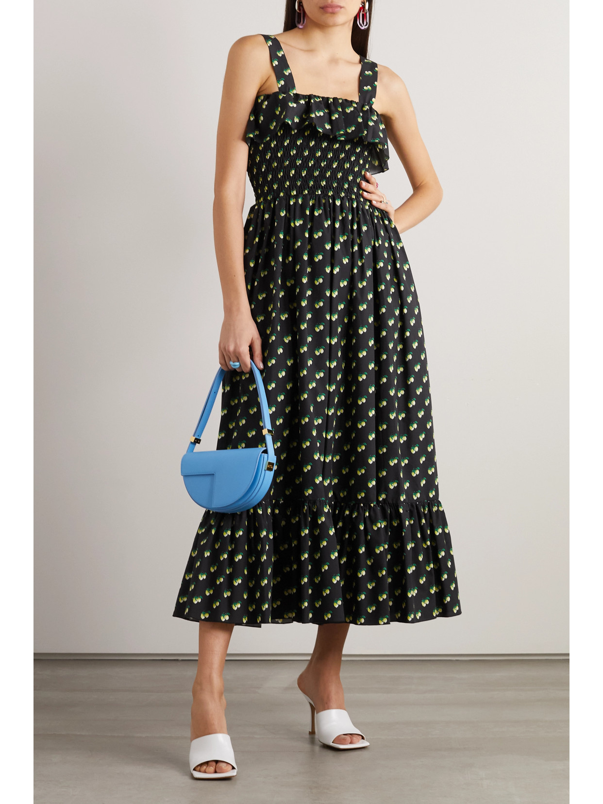 Shop La Doublej Sunkissed Convertible Shirred Printed Cotton-poplin Maxi Dress In Black