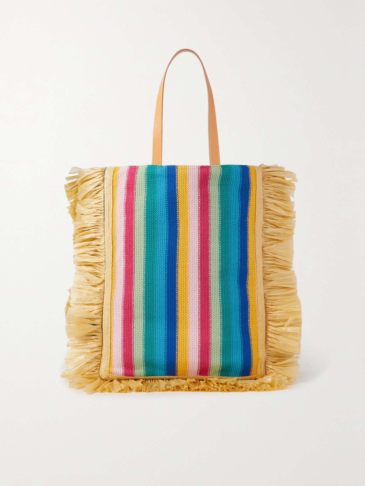 La DoubleJ - Riviera Leather-trimmed Fringed Striped Crochet-knit Tote - Multi