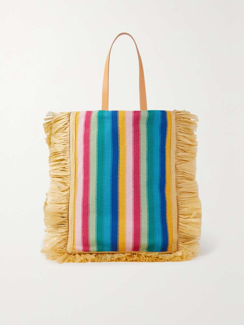 La DoubleJ Riviera Leather-trimmed Fringed Striped Crochet-knit Tote
