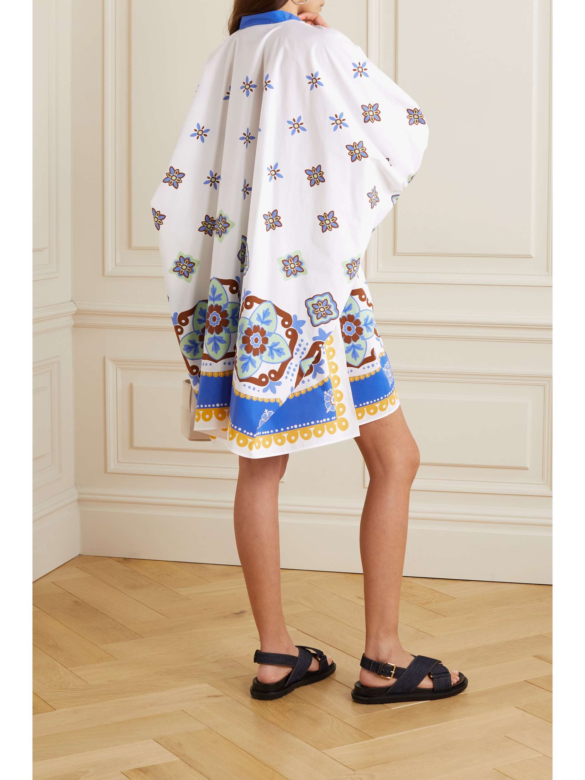 LA DOUBLEJ Belted printed cotton-poplin mini shirt dress