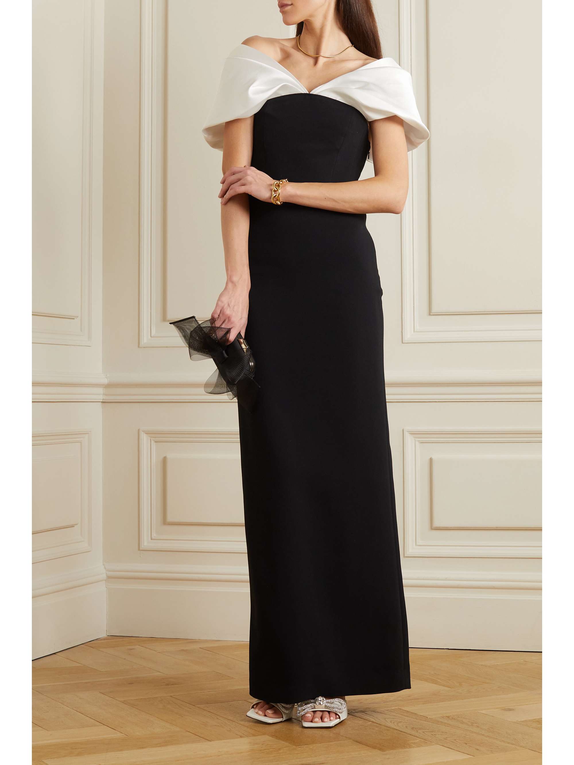 SOLACE LONDON Dakota off-the-shoulder crepe and satin-twill gown