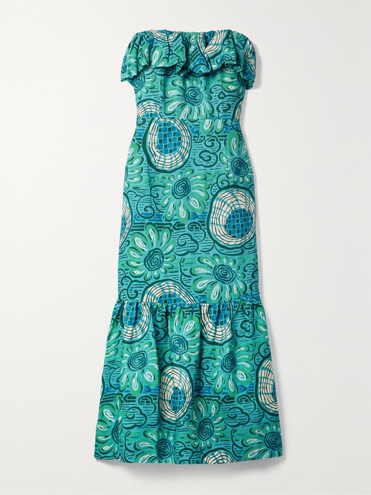 RHODE Thea Strapless Printed Linen Midi Dress - Blue