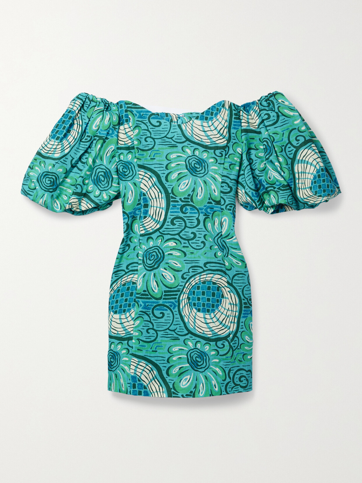 Rhode Dali Puff-sleeve Printed Linen Mini Dress In Multi