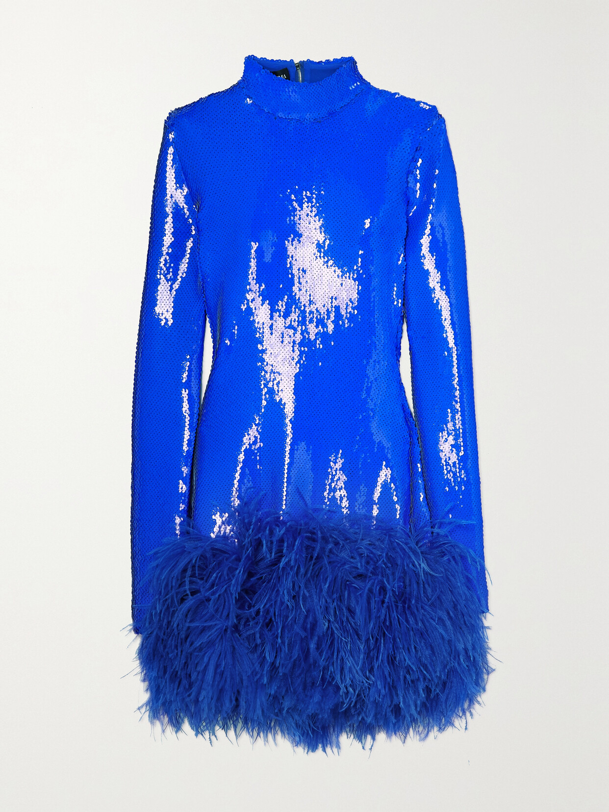 David Koma Open-back Feather-trimmed Sequined Stretch-crepe Mini Dress - Blue