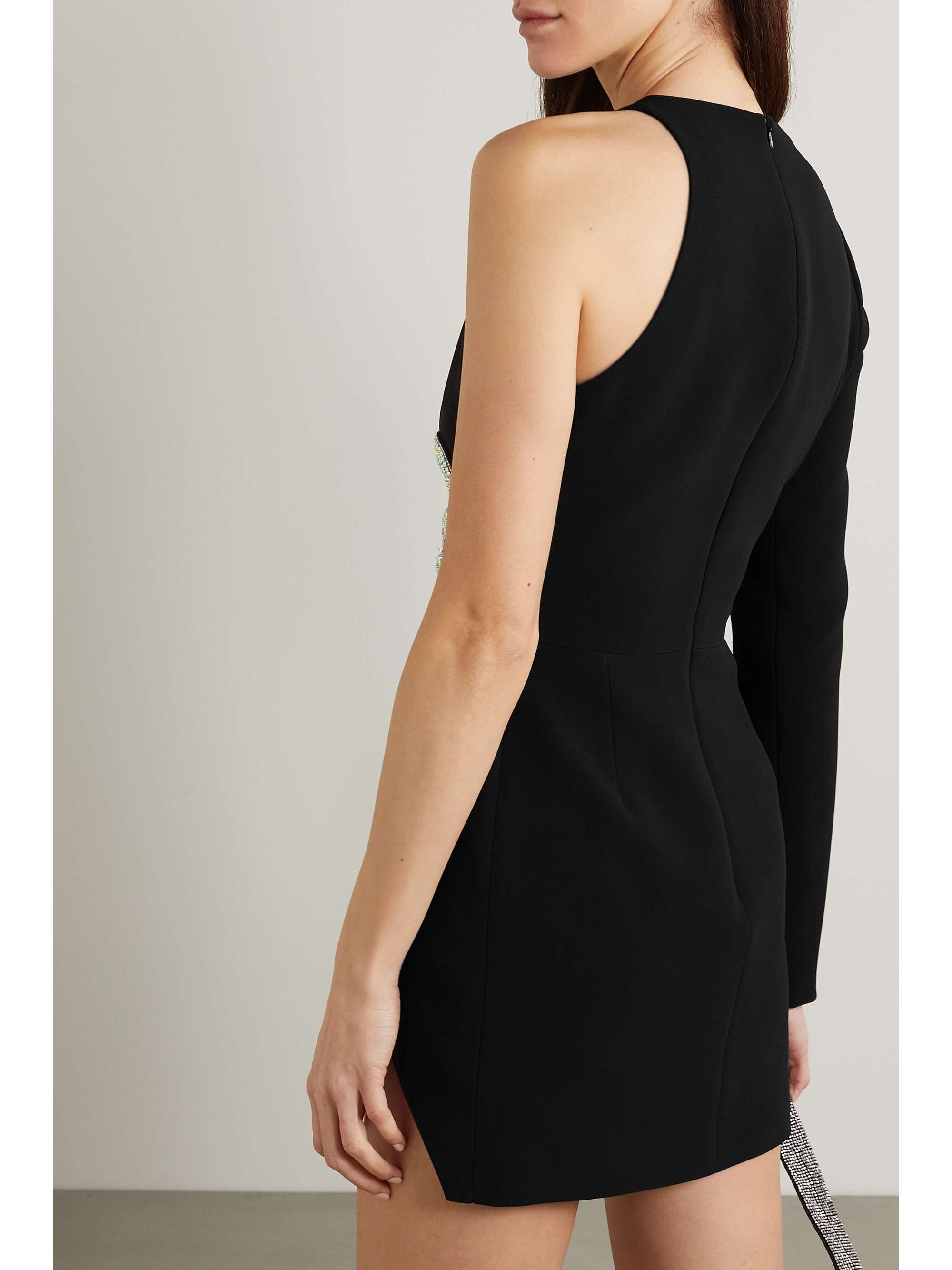 DAVID KOMA One-sleeve crystal-embellished mesh-trimmed cady mini dress
