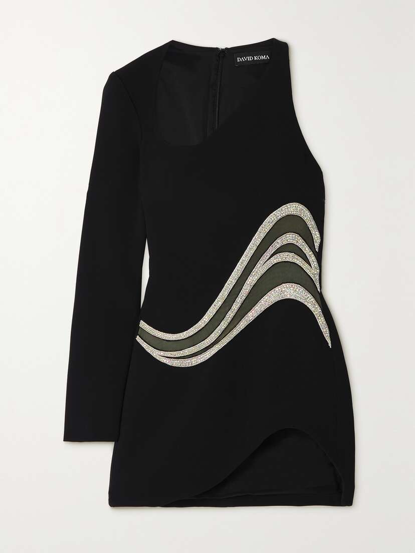 David Koma One-sleeve Crystal-embellished Mesh-trimmed Cady Mini Dress