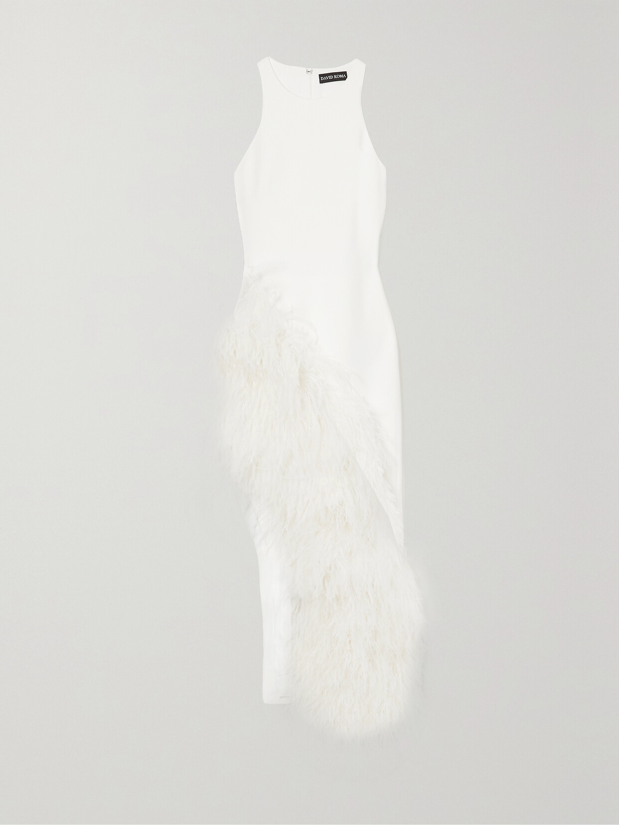 David Koma - Asymmetric Feather-trimmed Cady Midi Dress - White