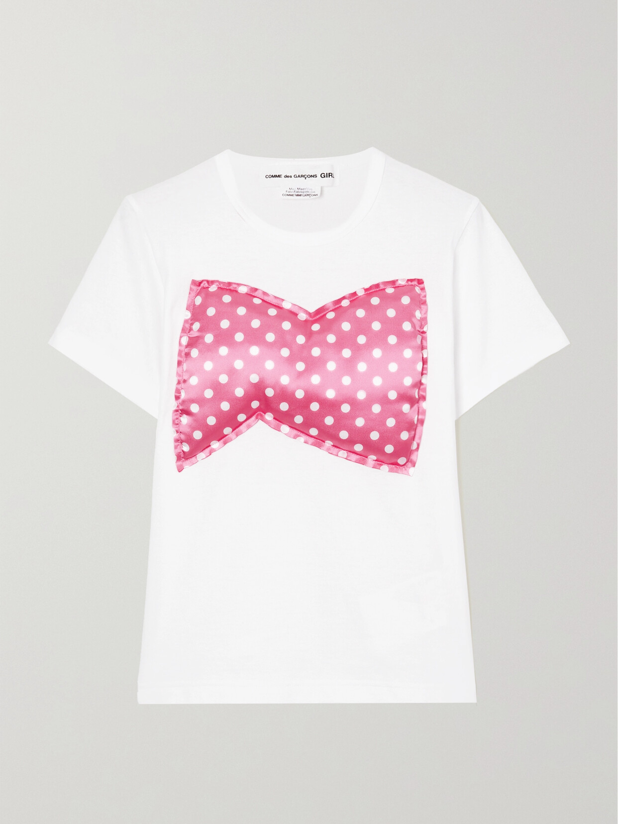 Comme Des Garcons Girl Bow-embellished Ribbed-trim Cotton-jersey T-shirt In White Pink