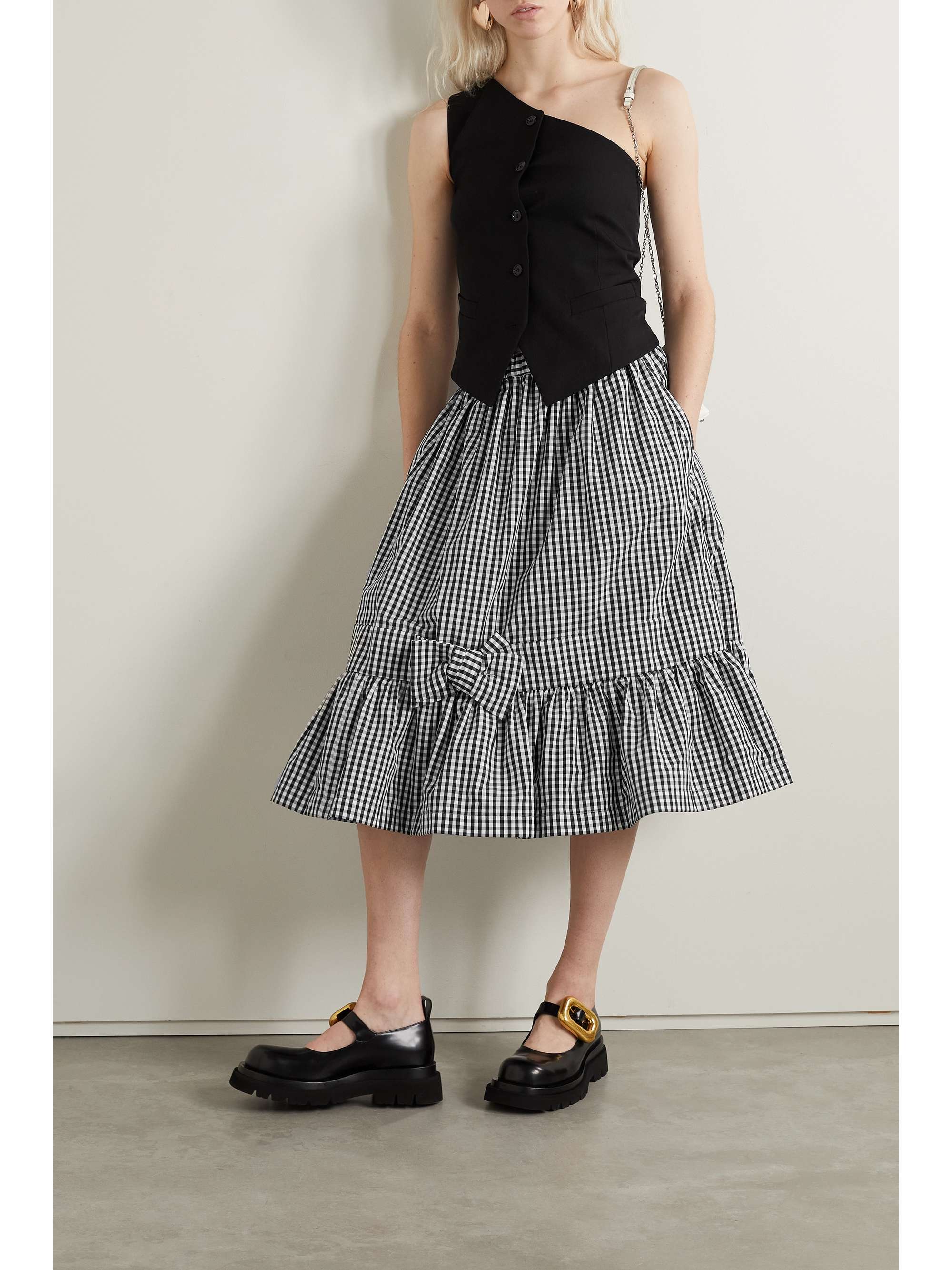 Bow-embellished tiered gingham cotton-poplin midi skirt