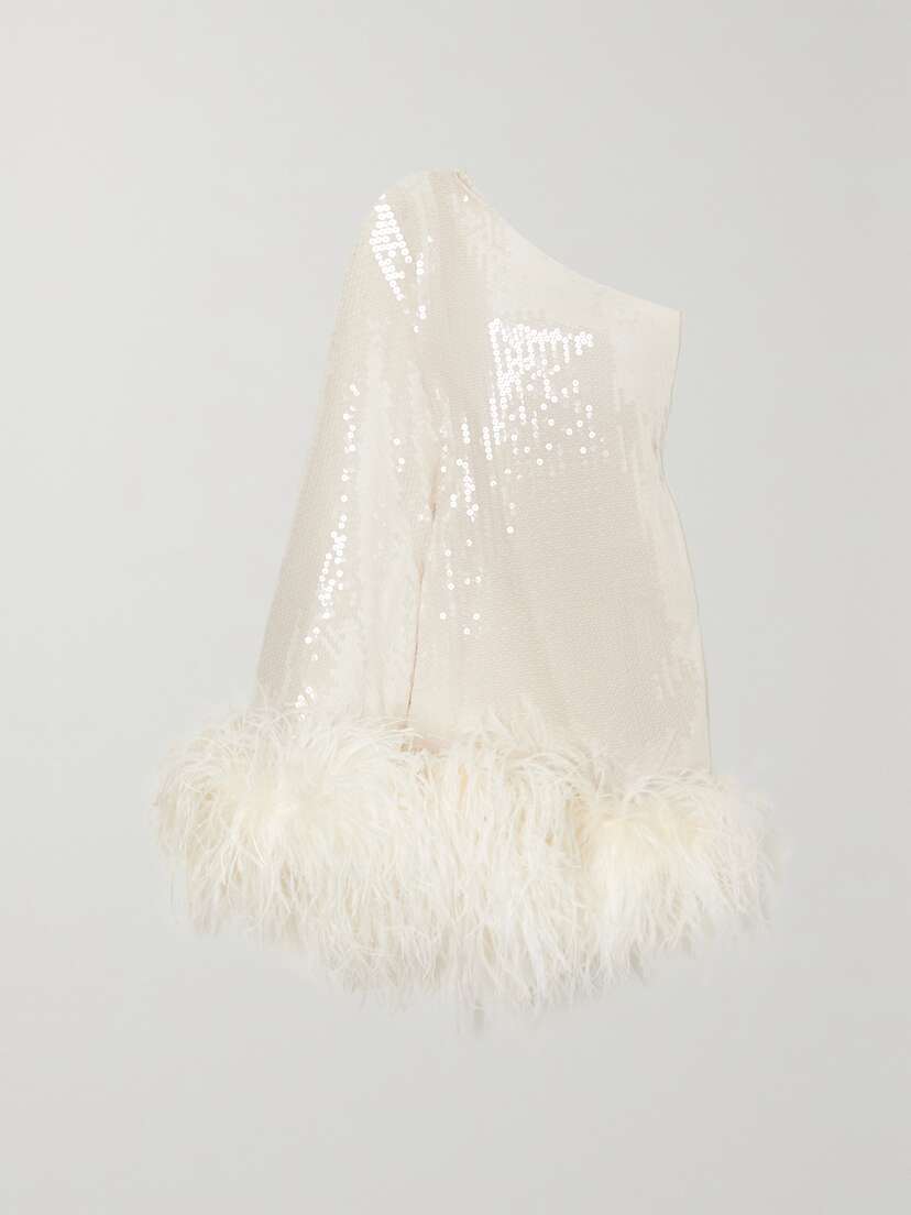 Taller Marmo Piccolo Ubud One-shoulder Feather-trimmed Sequined Chiffon Dress