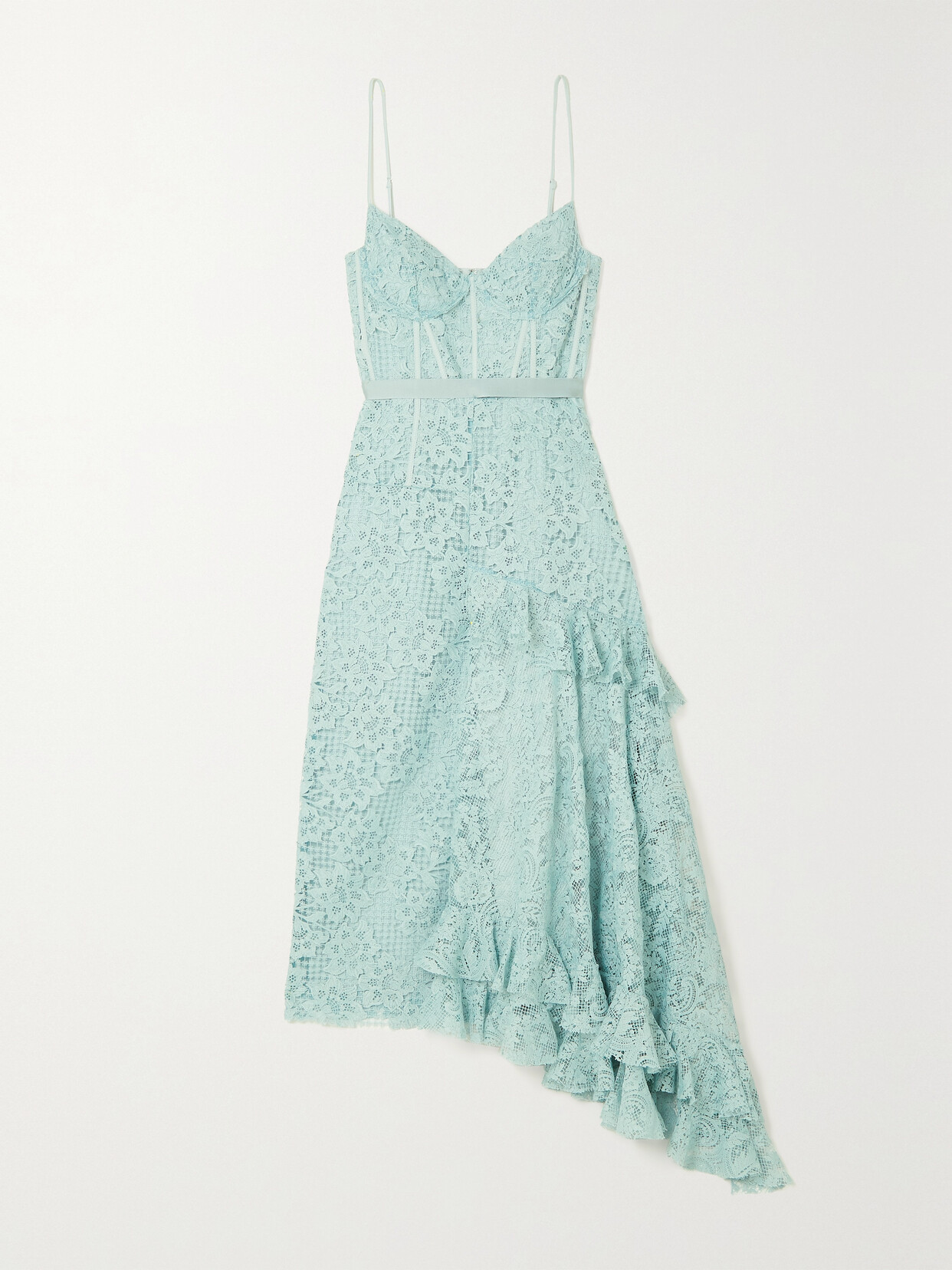 Erdem - Melora Asymmetric Ruffled Satin-trimmed Recycled-lace Midi Dress - Blue