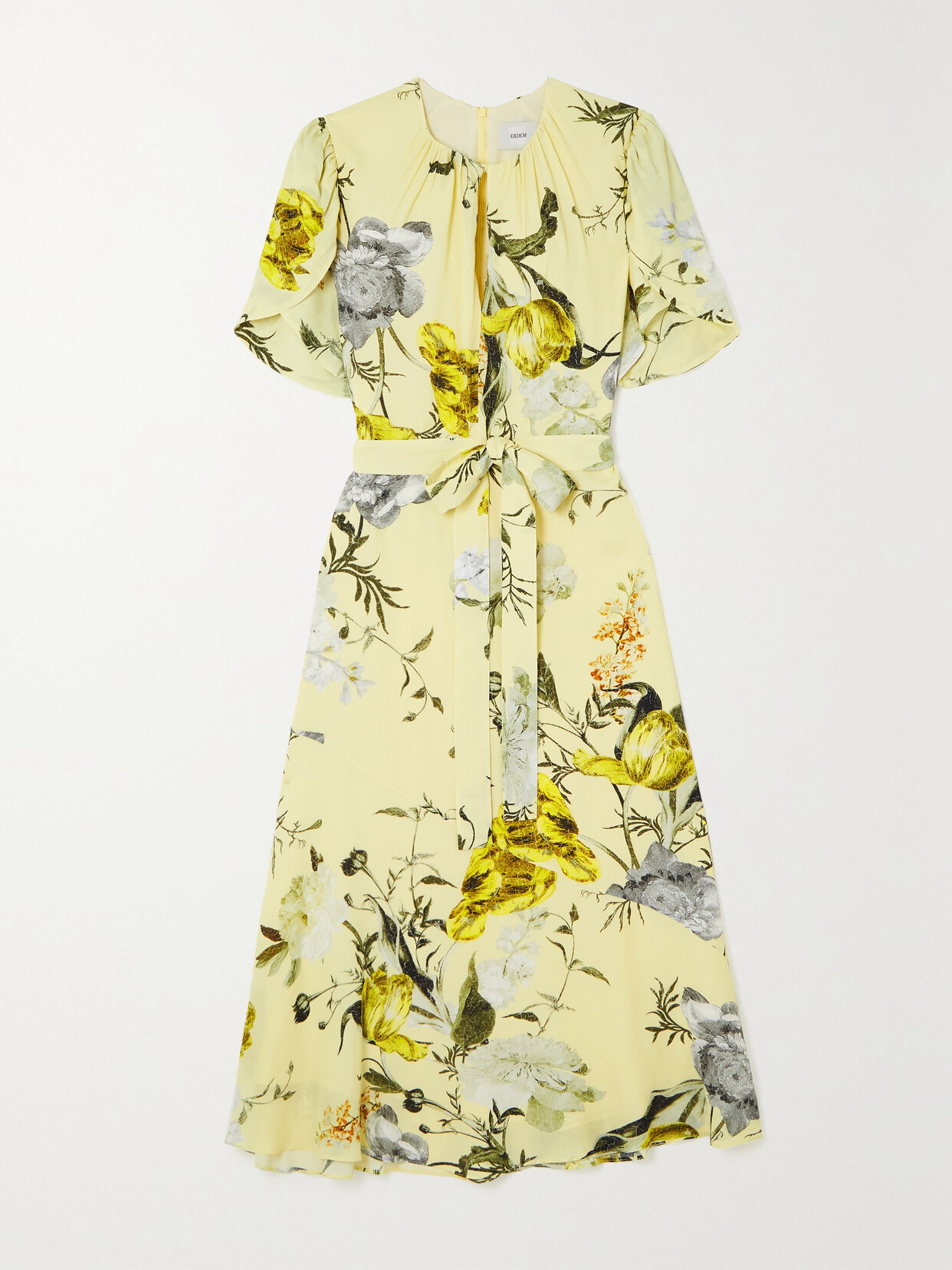 Erdem Laurelle Belted Gathered Floral-print Crepe De Chine Midi Dress In Yellow