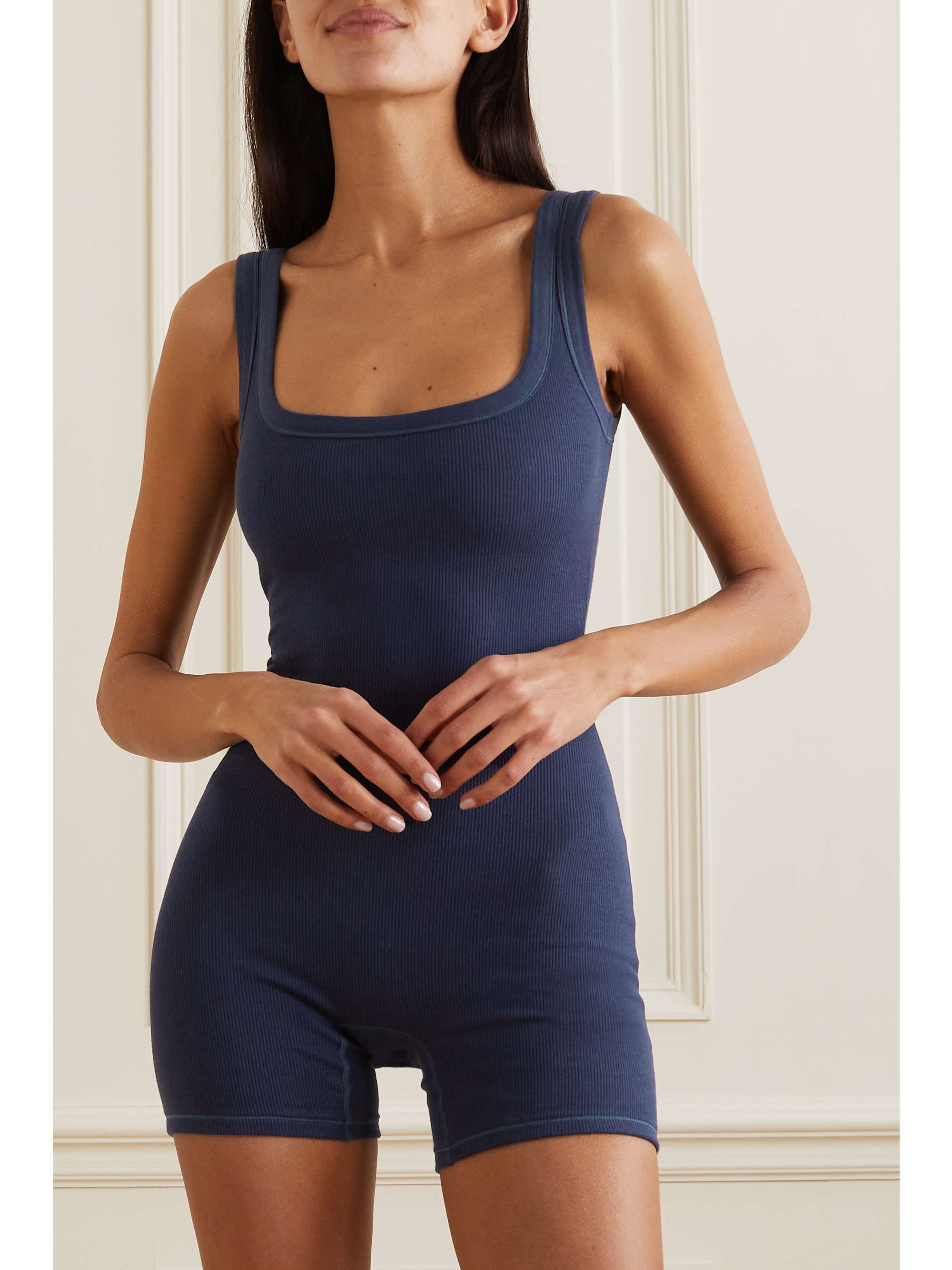 SKIMS Ribbed stretchcotton jersey playsuit Navy NETAPORTER