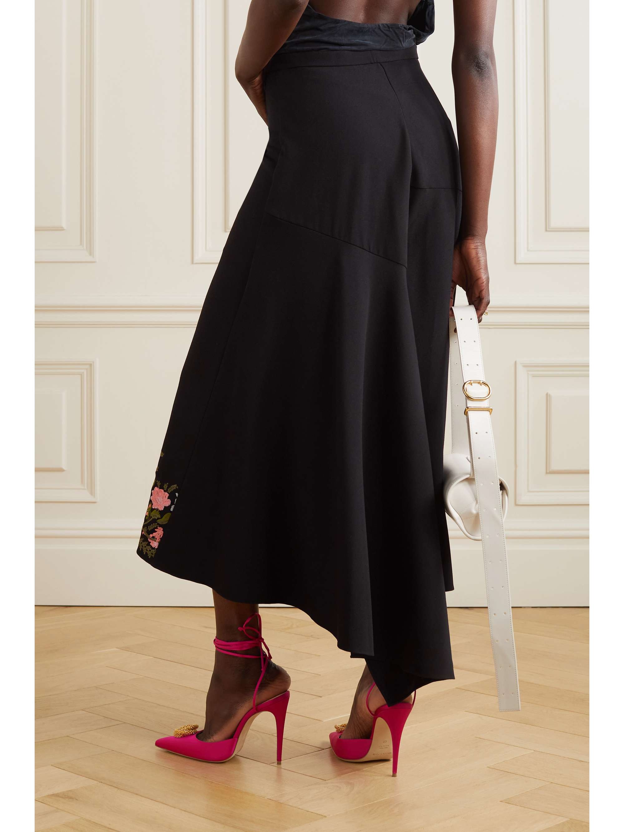 ERDEM Ambrosia asymmetric embroidered grain de poudre wool midi skirt