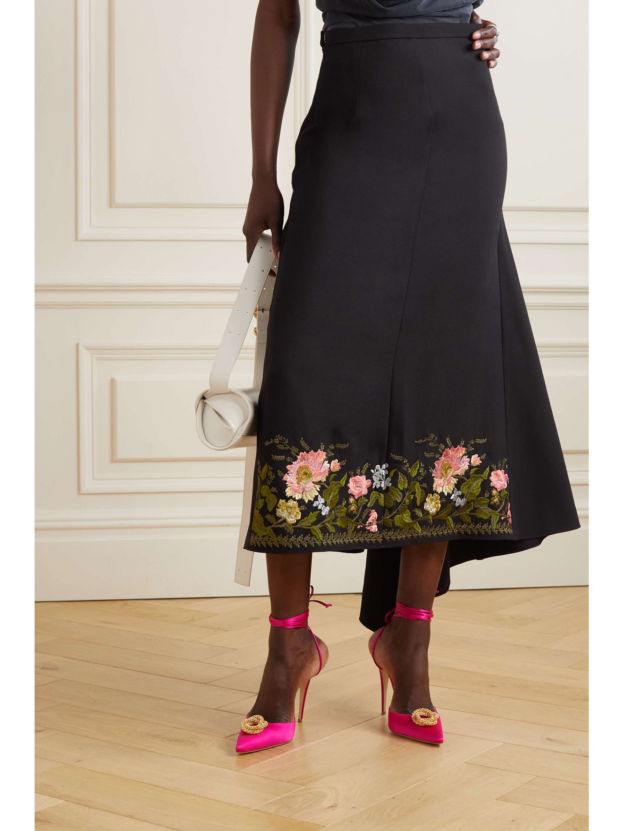ERDEM Ambrosia asymmetric embroidered grain de poudre wool midi skirt