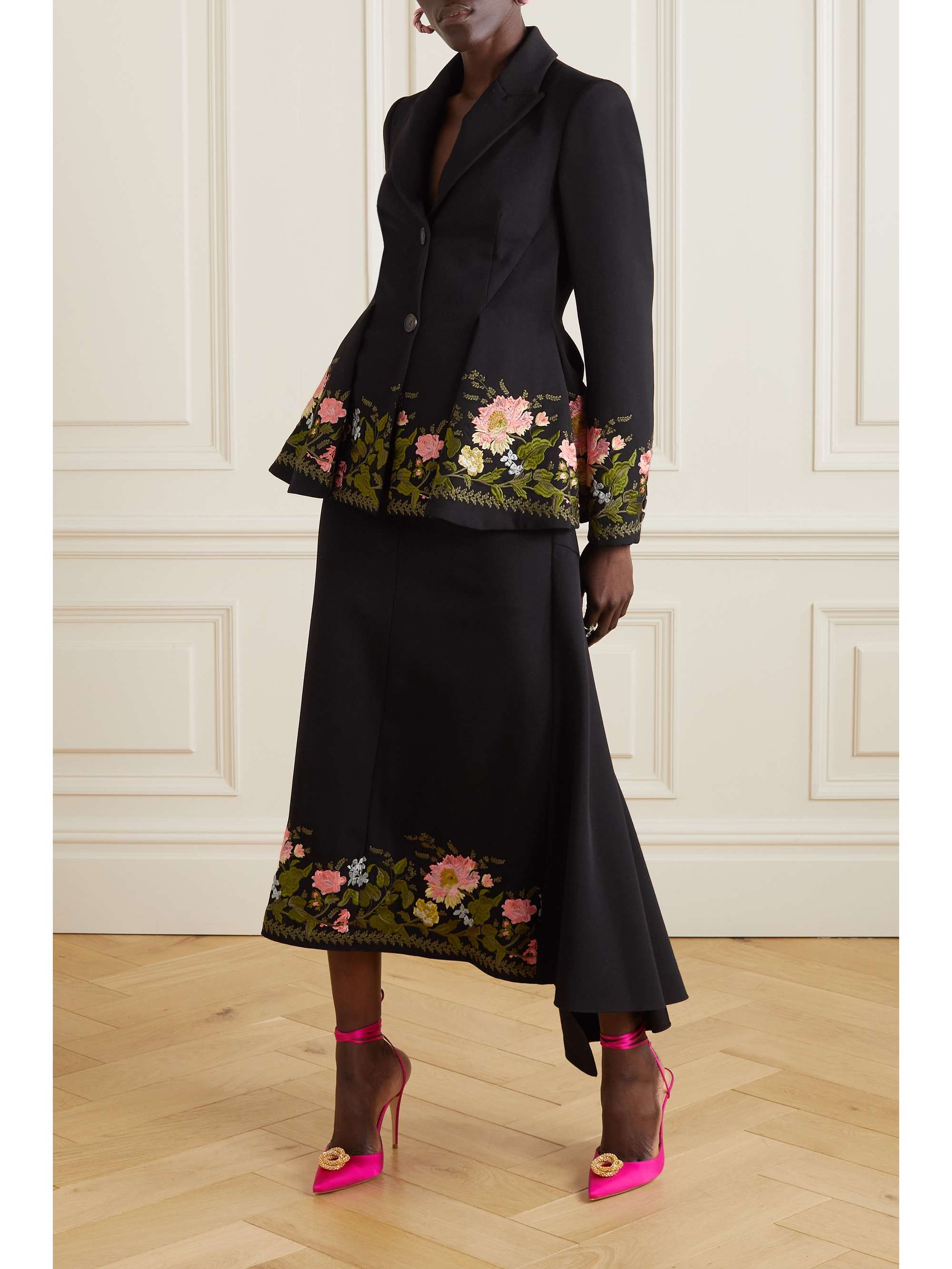 ERDEM Ambrosia asymmetric embroidered grain de poudre wool midi skirt