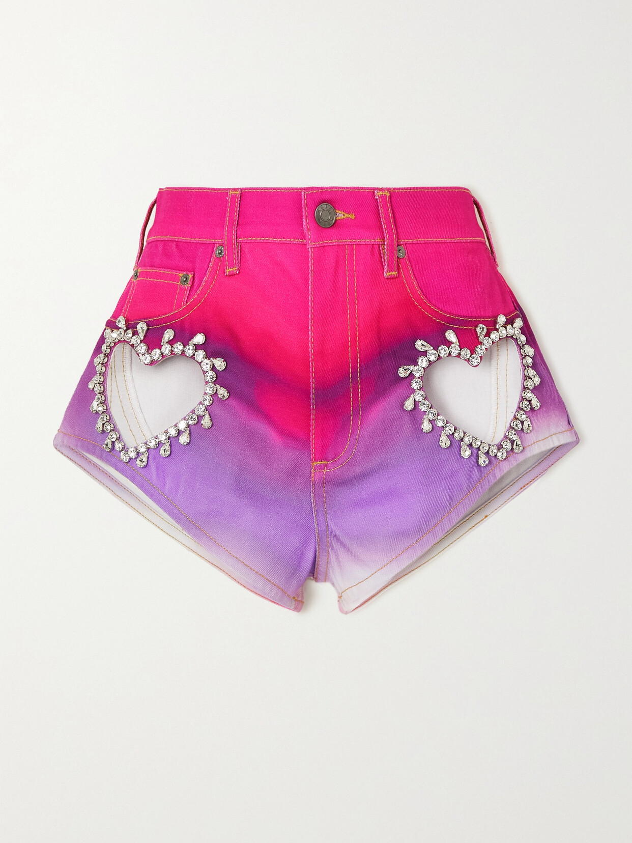 AREA CRYSTAL-EMBELLISHED CUTOUT DÉGRADÉ DENIM SHORTS