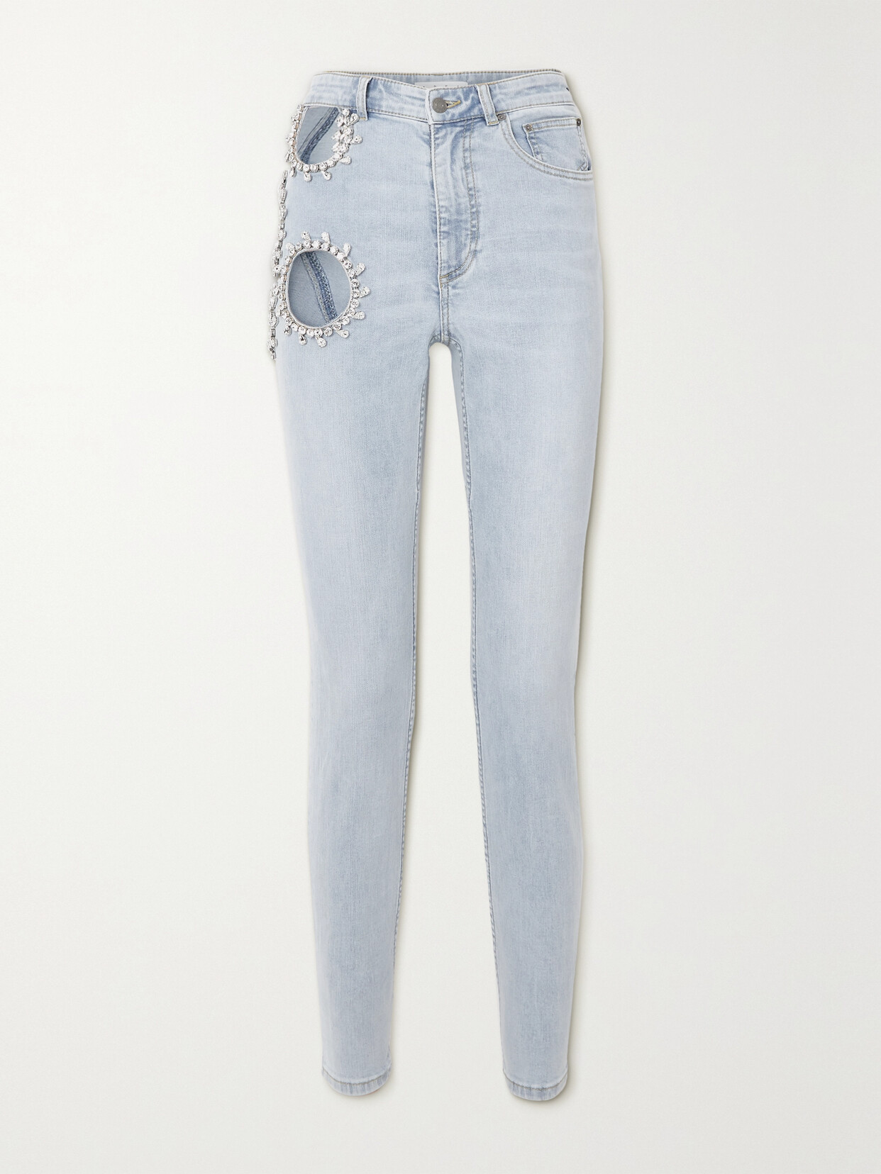 AREA CUTOUT CRYSTAL-EMBELLISHED HIGH-RISE SKINNY JEANS