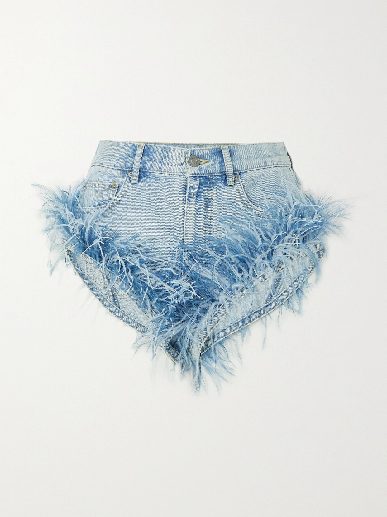 AREA - Feather-trimmed Asymmetric Denim Shorts - Blue