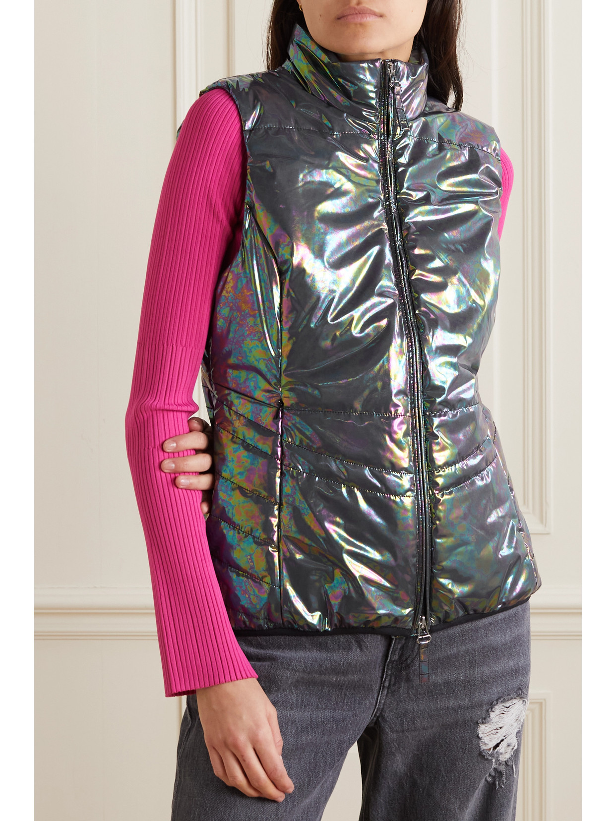 Shop Jetset New Minou Padded Holographic Shell Vest In Metallic