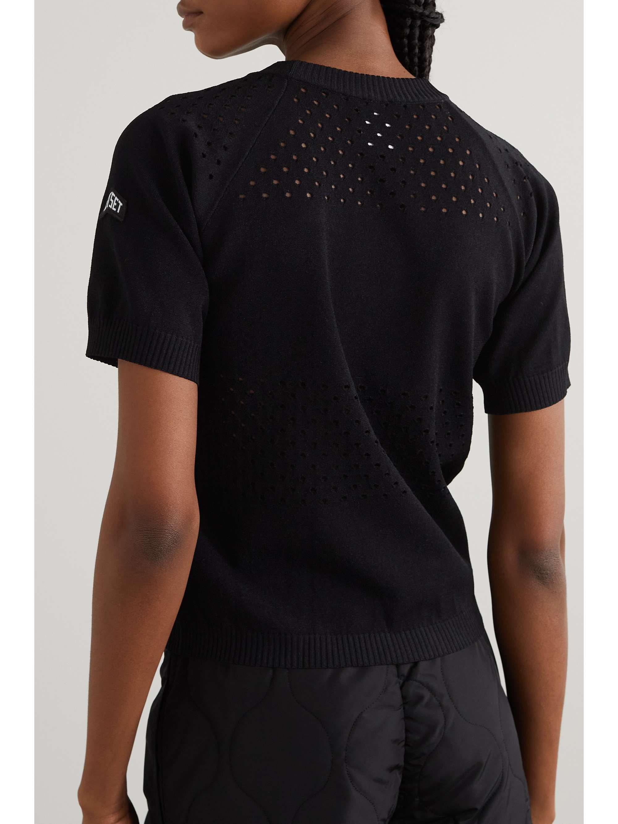 JETSET Appliquéd perforated knitted T-shirt