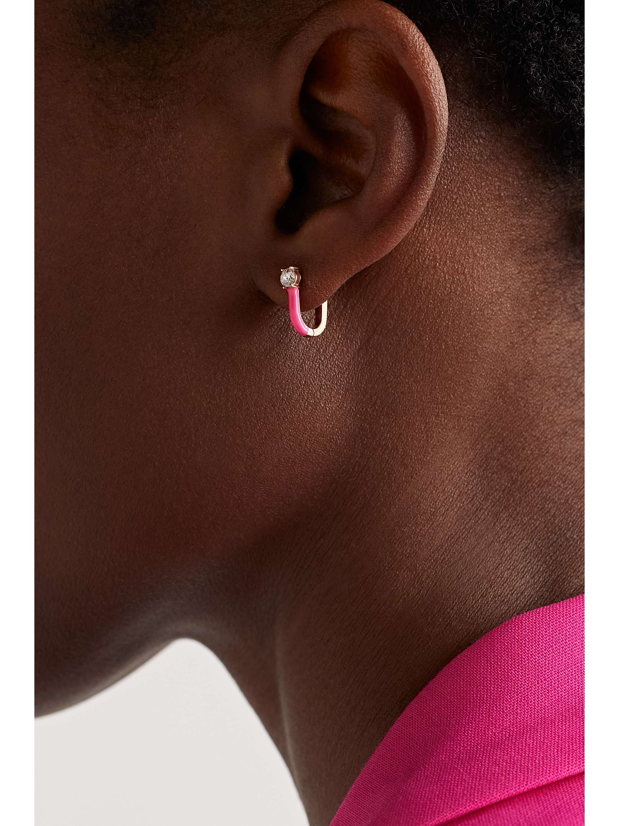 MELISSA KAYE Aria U Huggie 18-karat rose gold, enamel and diamond hoop earrings