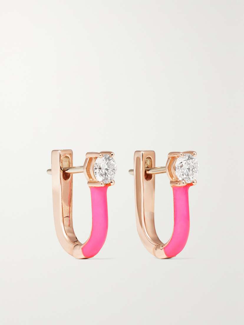 Melissa Kaye Aria U Huggie 18-karat Pink Gold, Enamel And Diamond Hoop Earrings