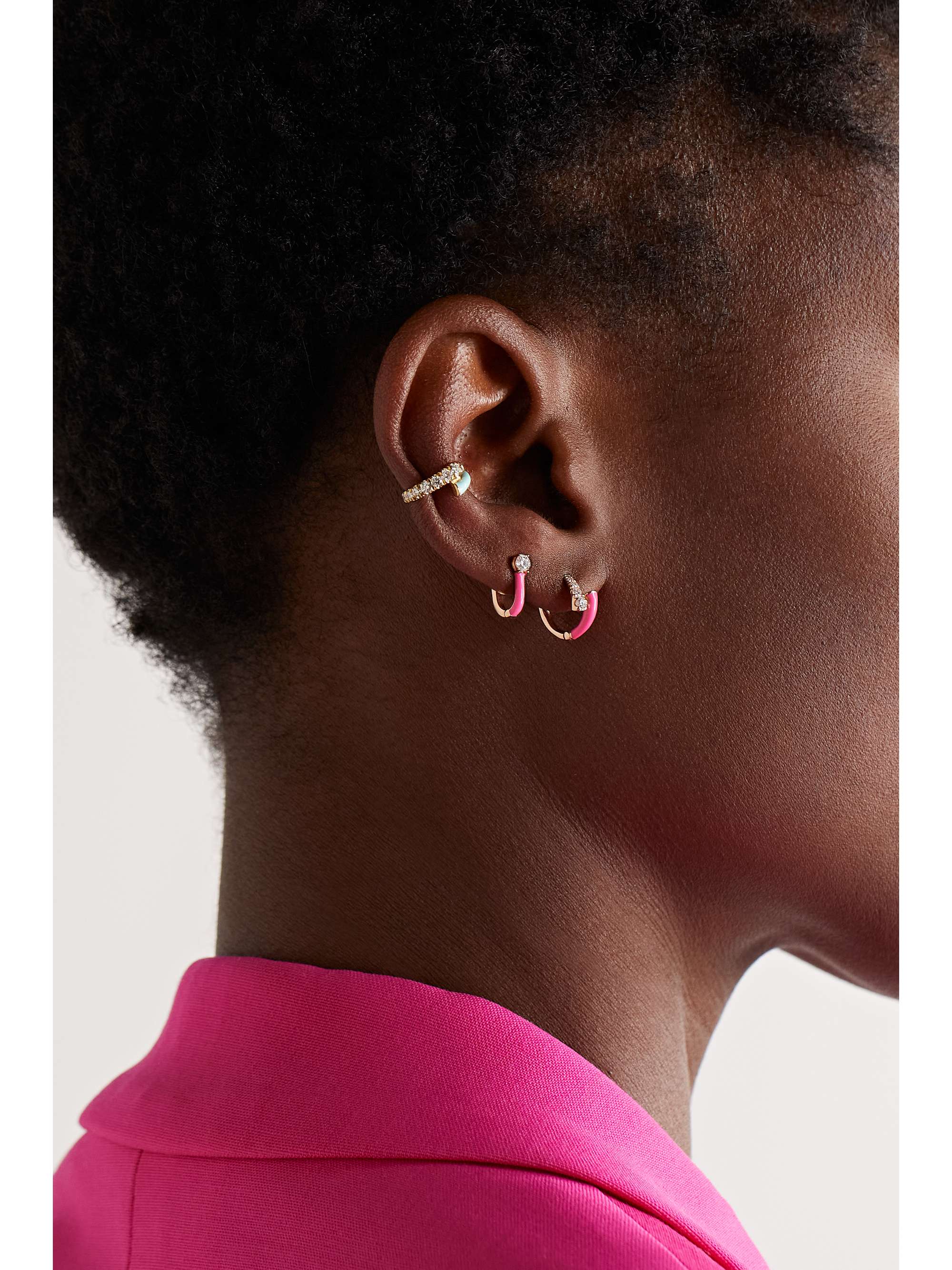 MELISSA KAYE Aria U Huggie 18-karat rose gold, enamel and diamond hoop earrings