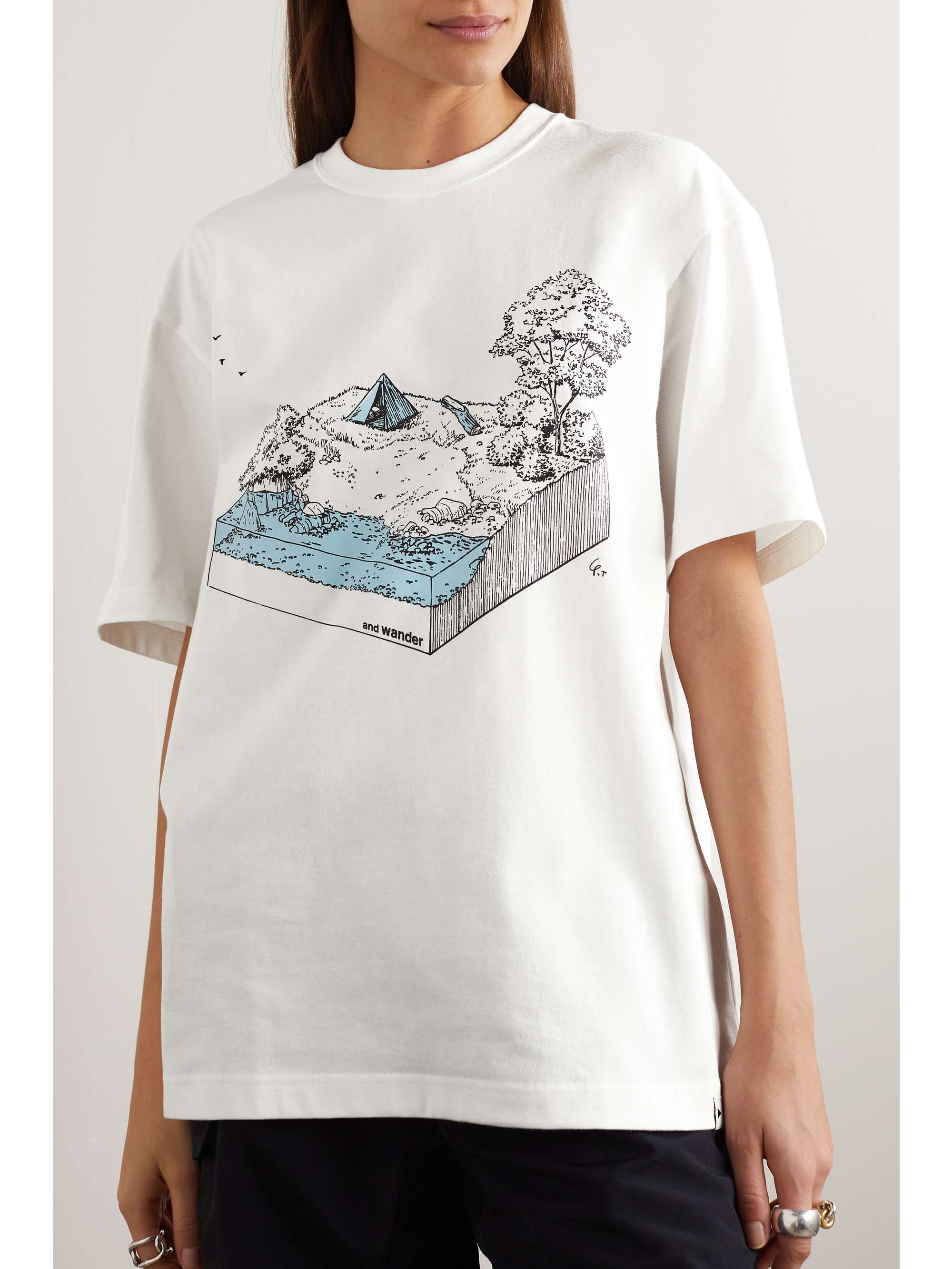 AND WANDER Printed cotton-blend jersey T-shirt