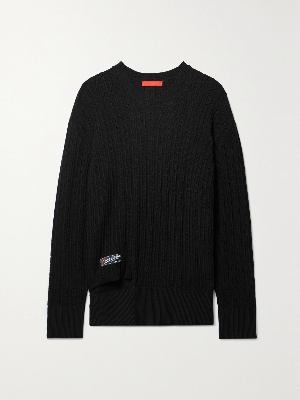 Commission - Cutout Appliquéd Ribbed And Pointelle-knit Cotton Sweater - Black