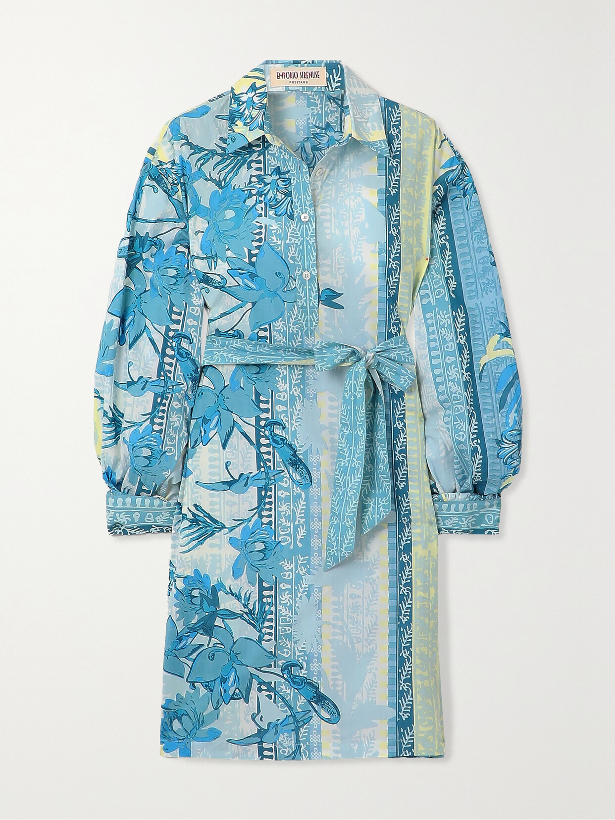 Emporio Sirenuse + Net Sustain Odessa Blossom Belted Printed Cotton-poplin Mini Shirt Dress