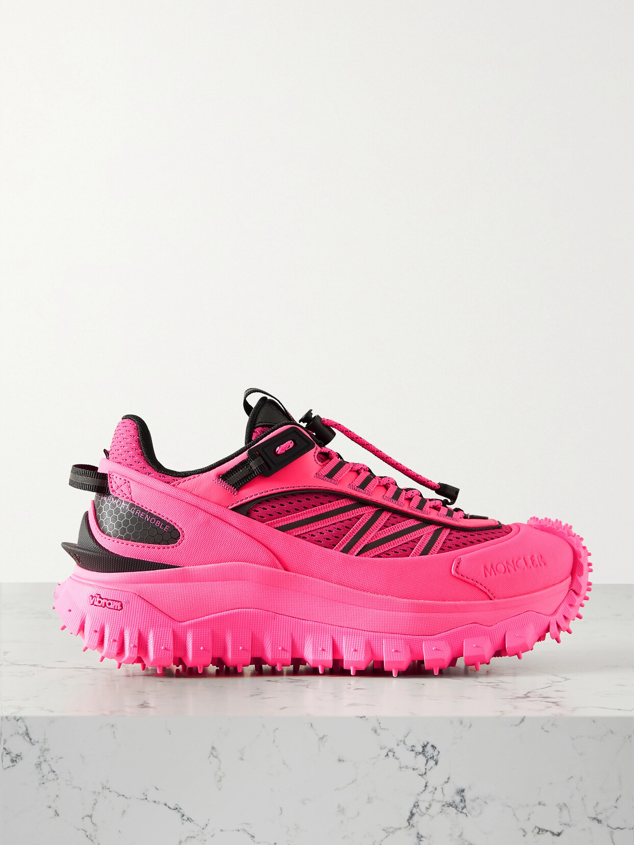 Moncler Trailgrip Neon Canvas, Mesh And Leather Sneakers In Pink