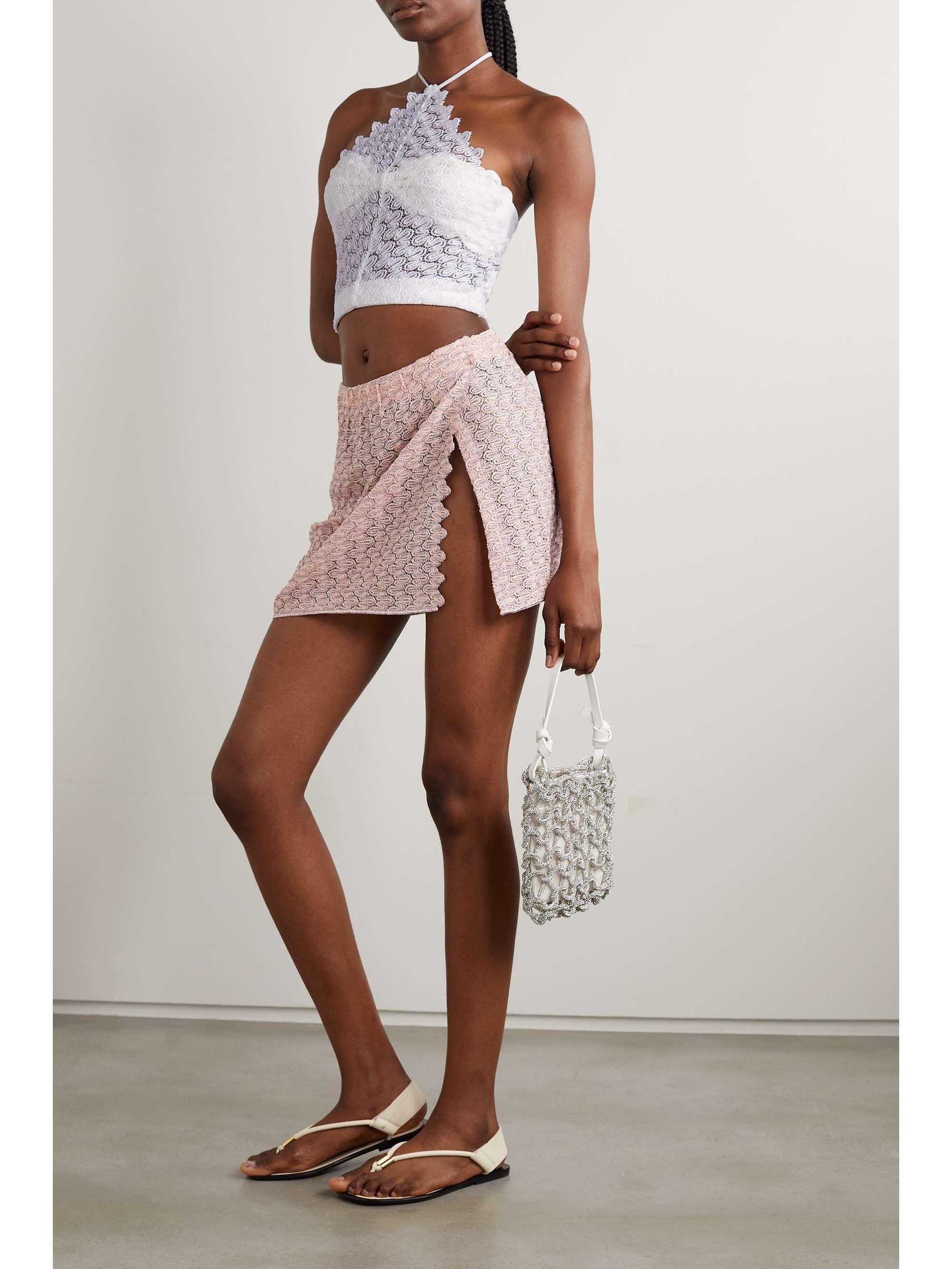 Cropped metallic crochet knit halterneck top
