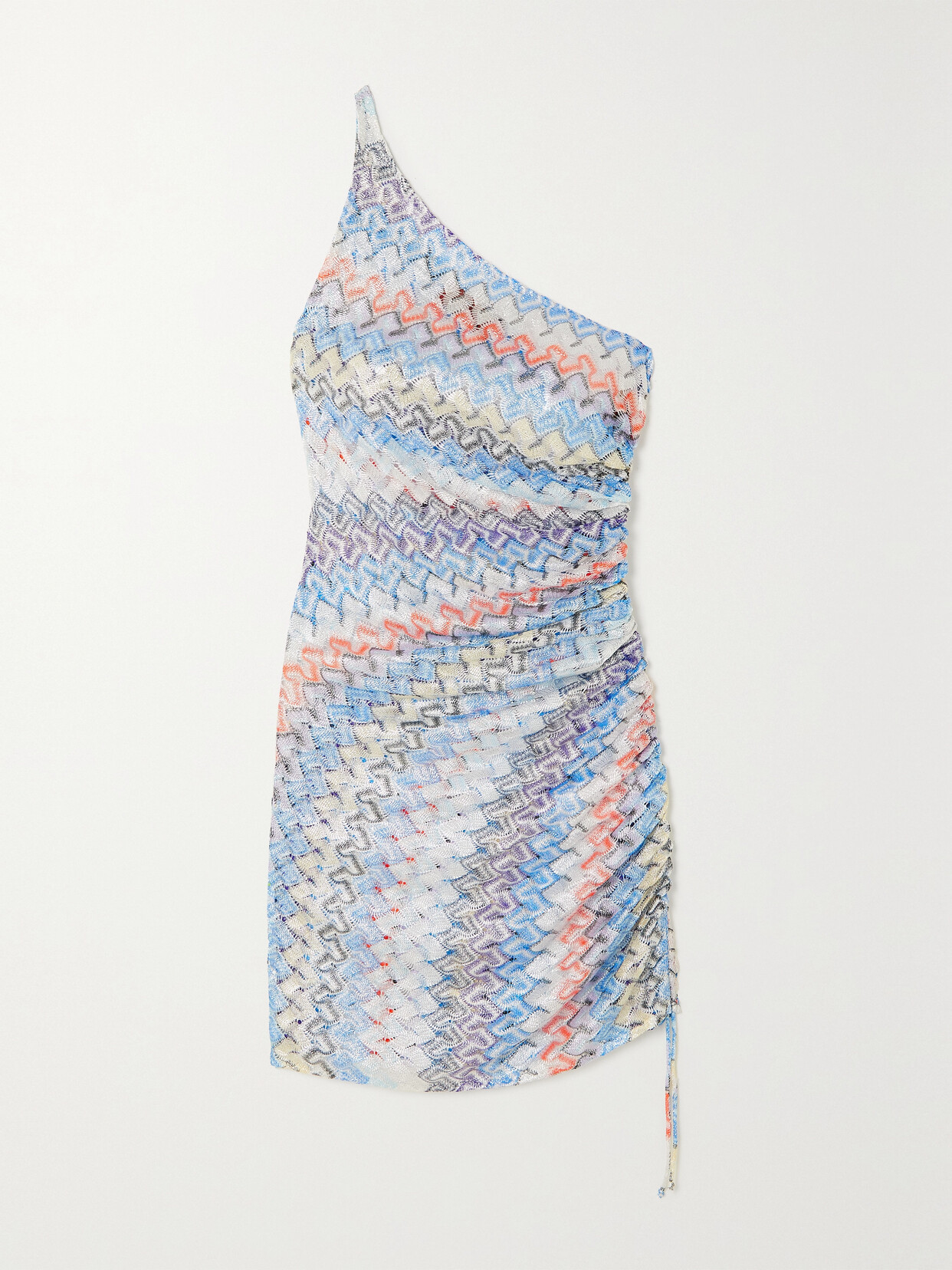 Missoni Mare One-shoulder Ruched Metallic Crochet-knit Mini Dress In Blue