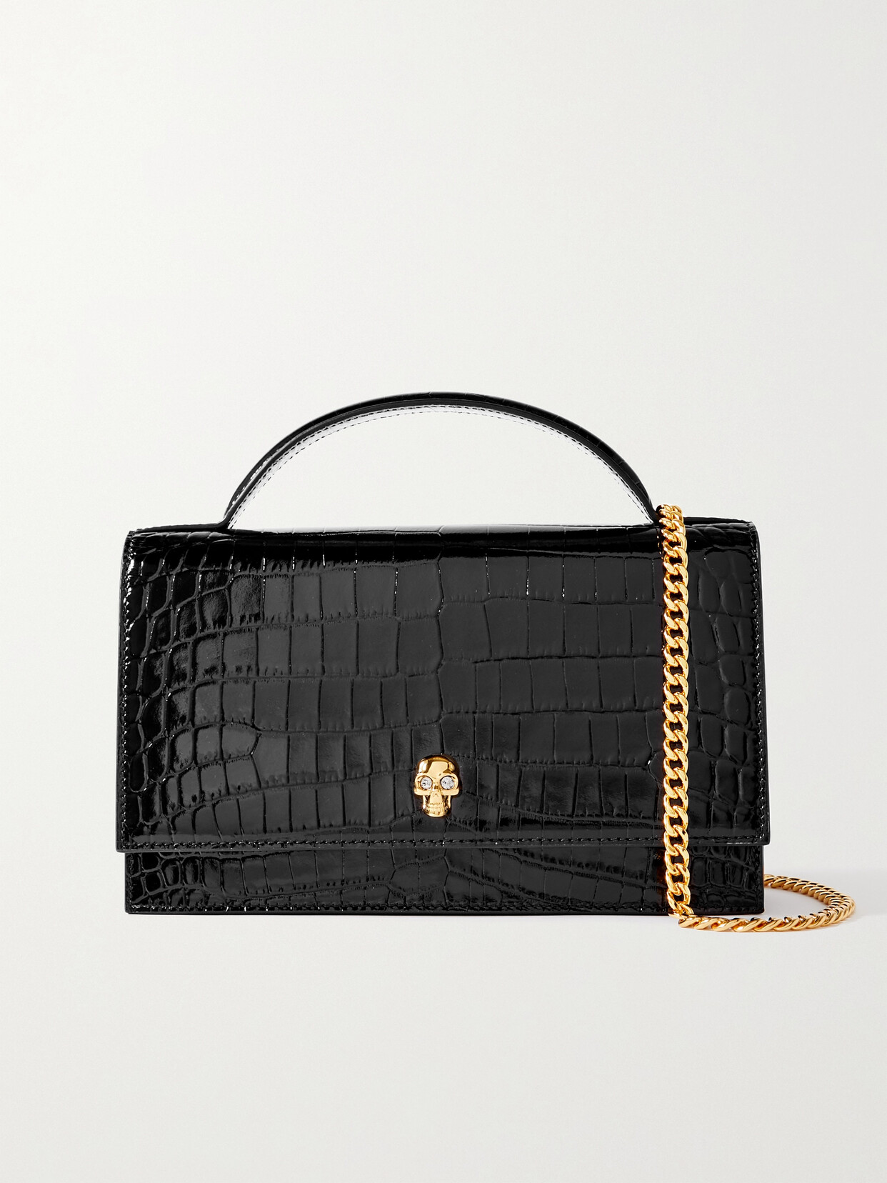 Shop Alexander Mcqueen Skull Medium Croc-effect Leather Shoulder Bag In Black