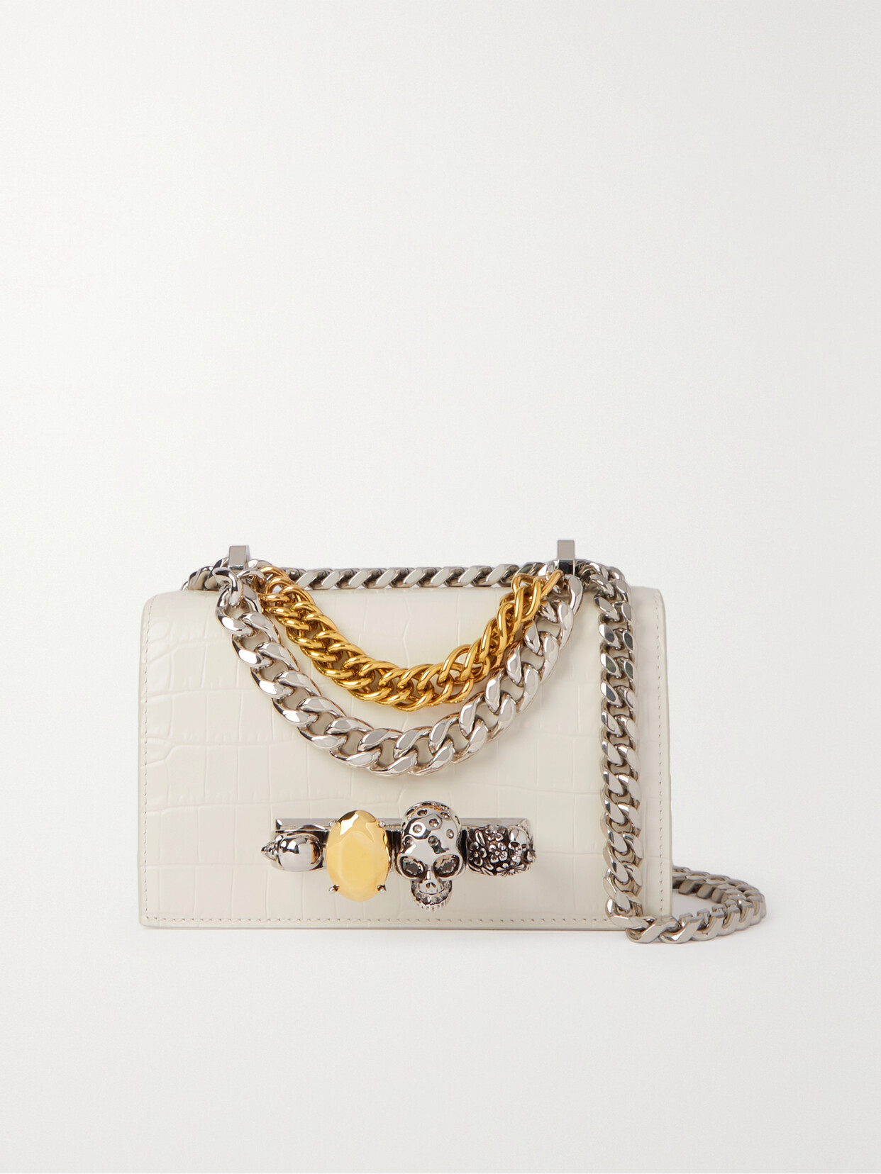 Alexander McQueen - Jewelled Satchel Embellished Croc-effect Leather Shoulder Bag - Ivory