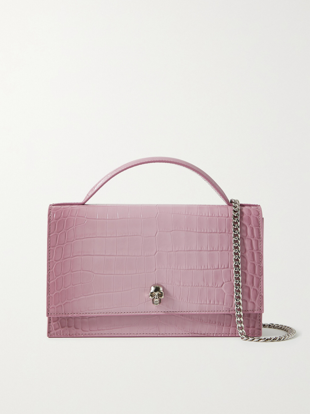 Alexander McQueen - Embellished Croc-effect Patent Leather Shoulder Bag - Pink