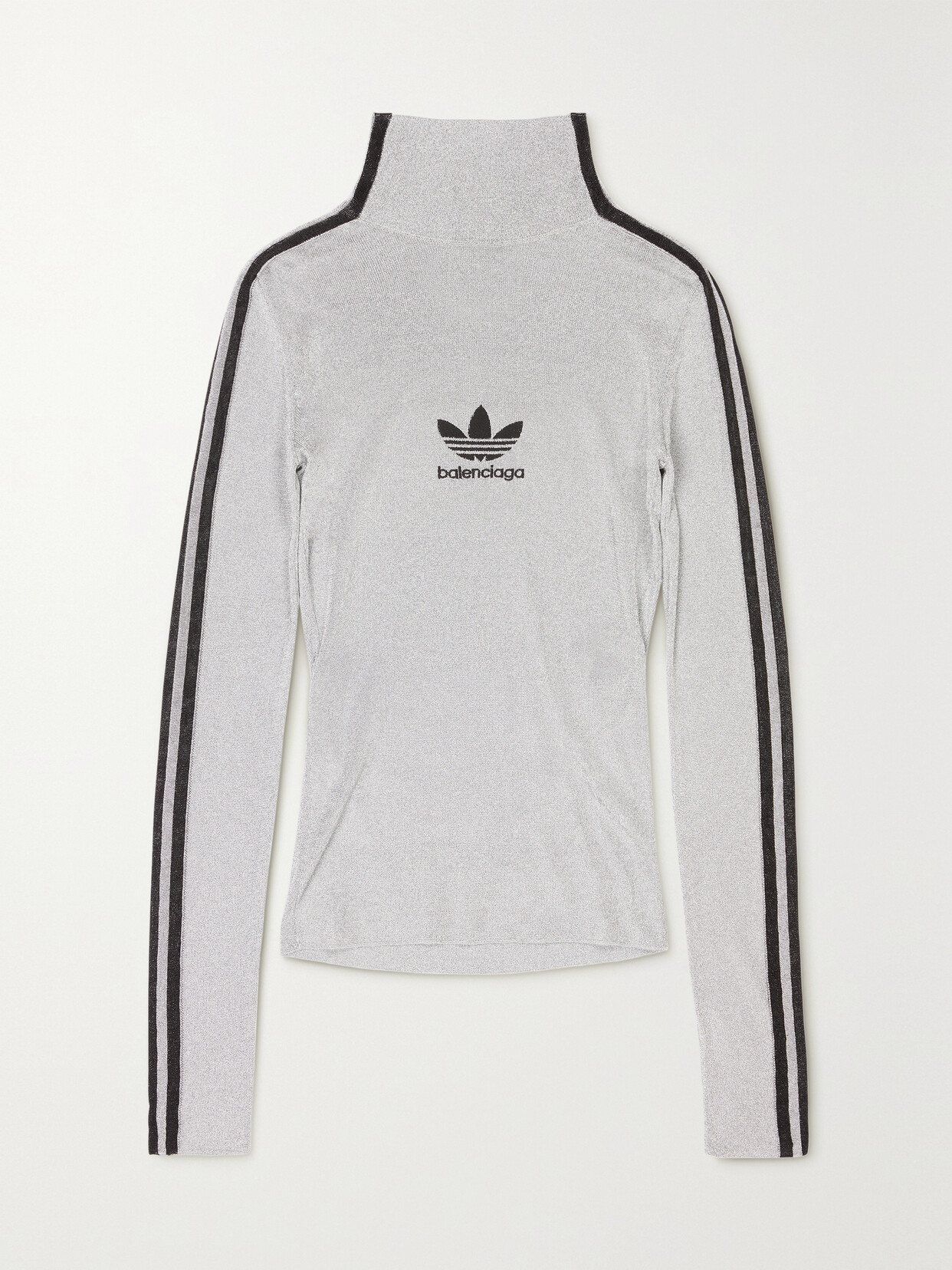 BALENCIAGA + ADIDAS ATHLETIC EMBROIDERED METALLIC JERSEY TURTLENECK TOP