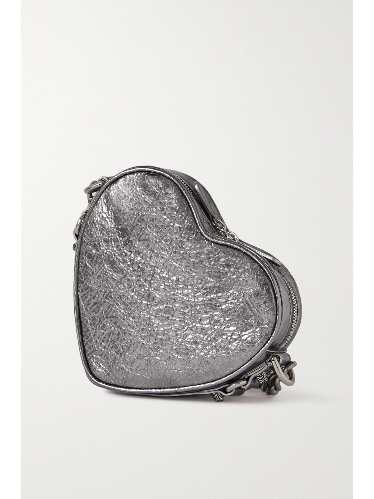 Shop Balenciaga Le Cagole Heart Mini Metallic Crinkled-leather Shoulder Bag In Silver