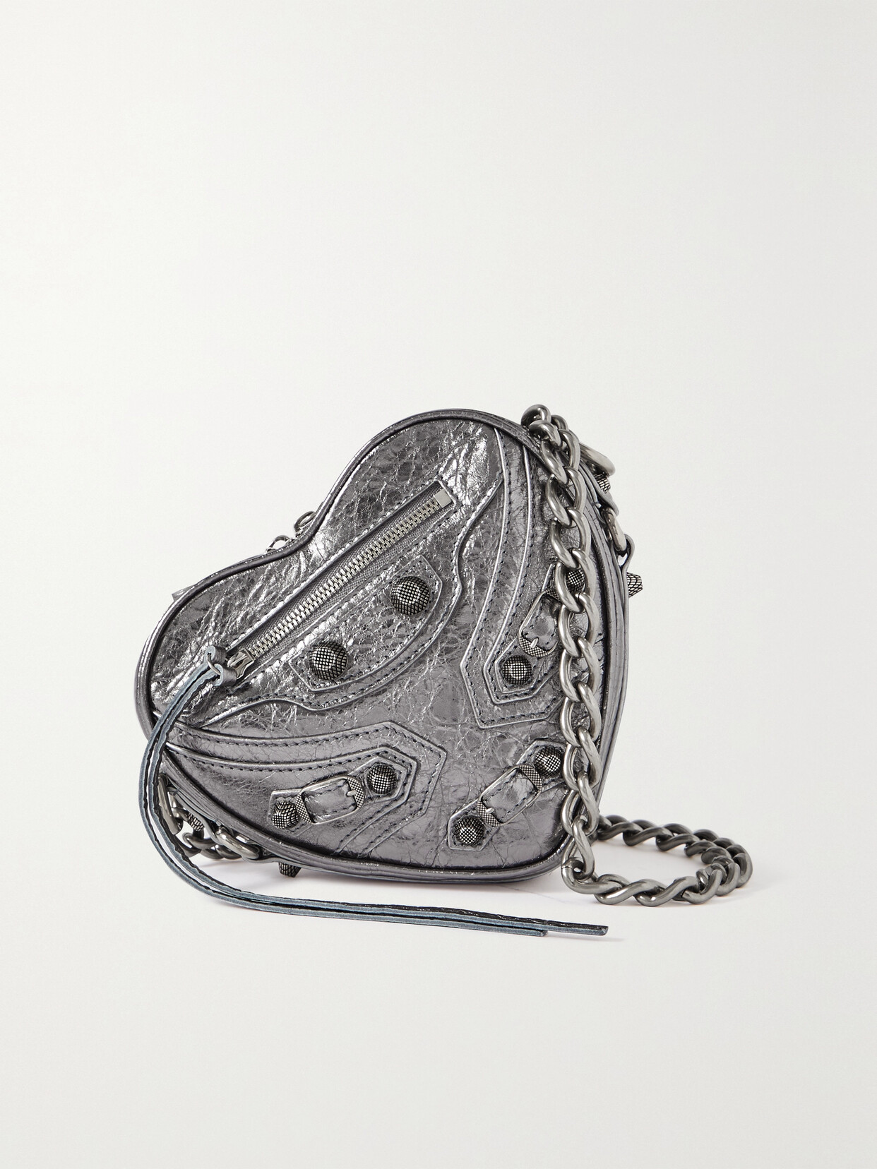 Shop Balenciaga Le Cagole Heart Mini Metallic Crinkled-leather Shoulder Bag In Silver