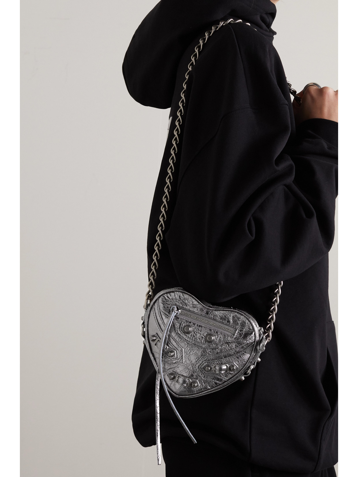Balenciaga Le Cagole Heart Mini Metallic Crinkled-leather Shoulder Bag In Silver