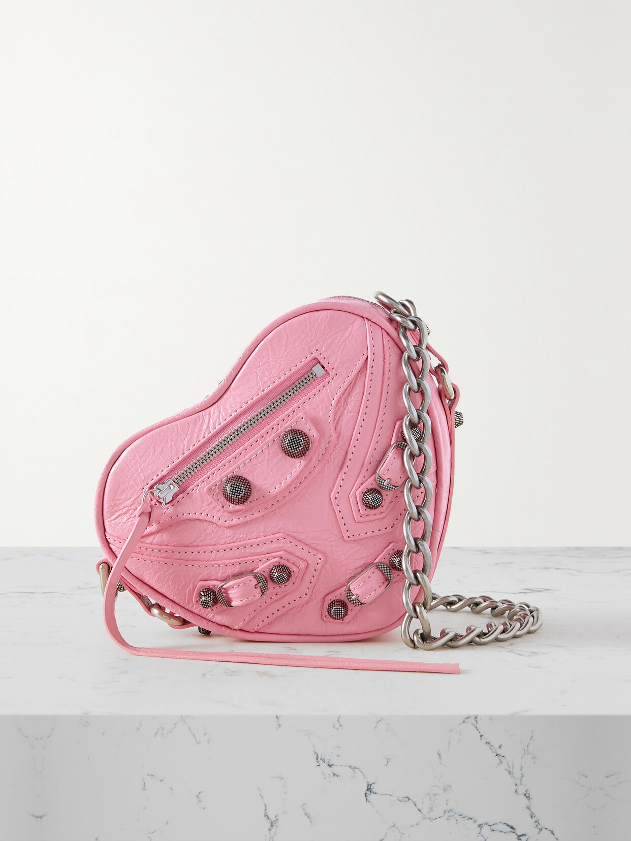 Balenciaga - Le Cagole Heart Mini Studded Crinkled-leather Shoulder Bag - Pink