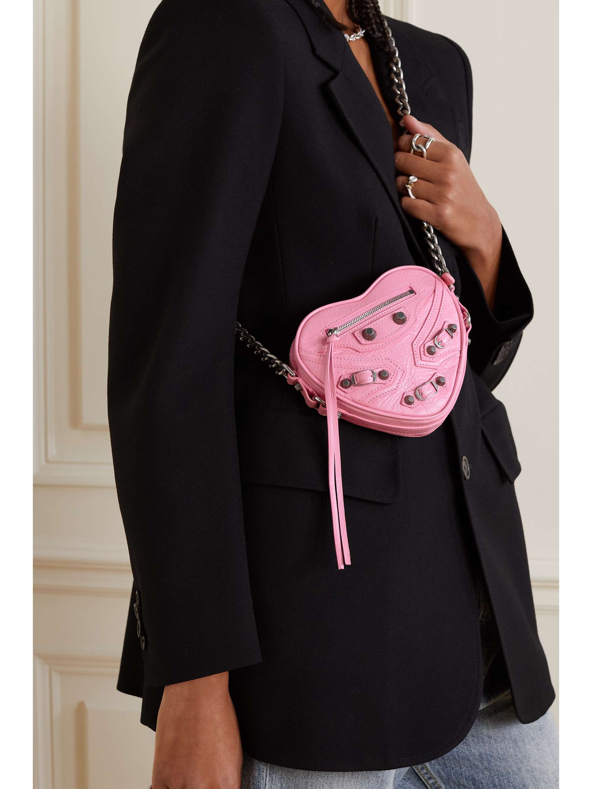 BALENCIAGA Le Cagole Heart mini studded crinkled-leather shoulder bag ...