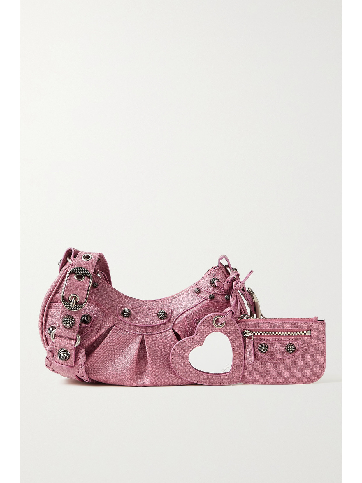 Shop Balenciaga Le Cagole Xs Studded Metallic Canvas Shoulder Bag In Pink