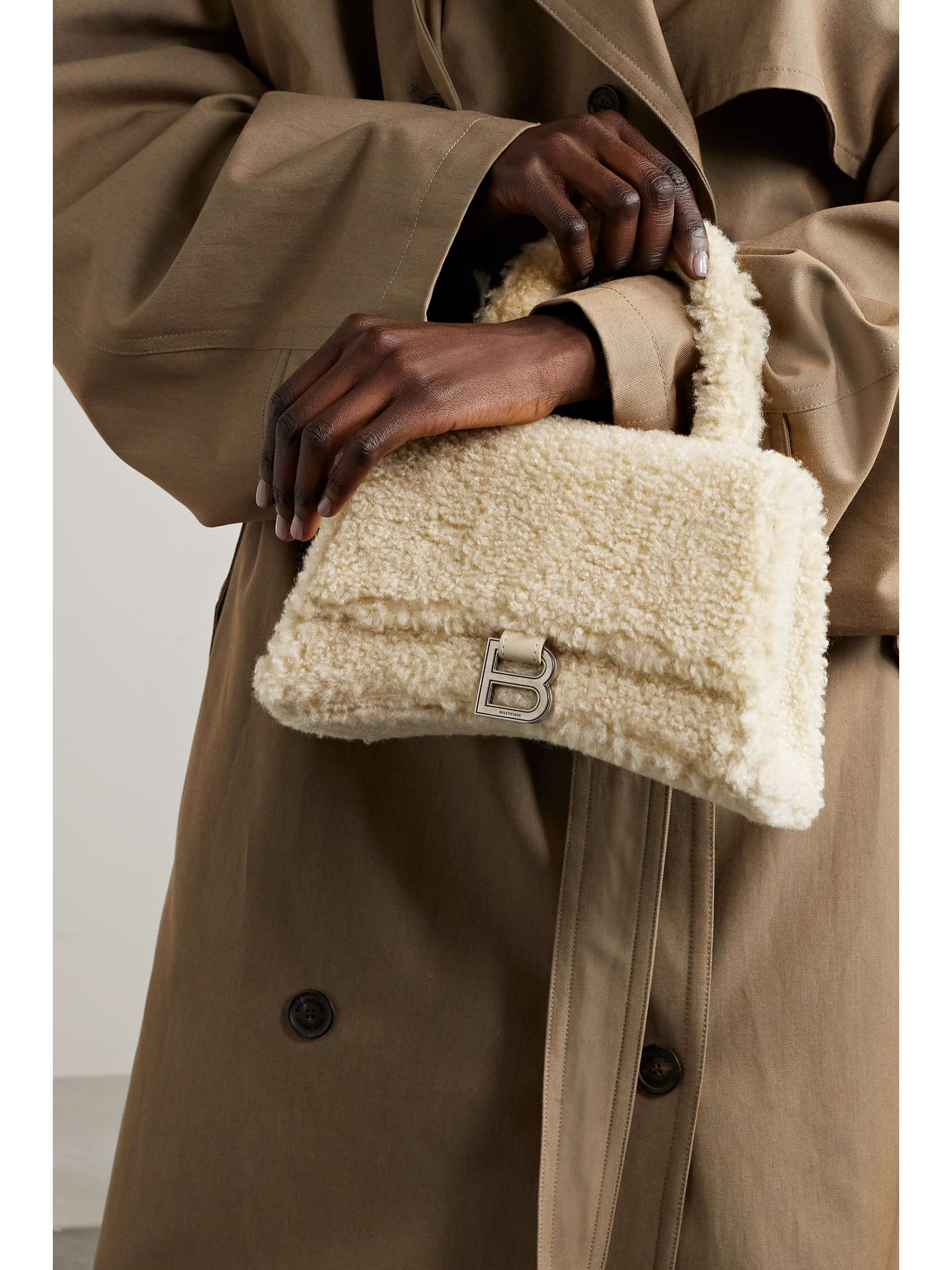 BALENCIAGA Hourglass small leathertrimmed faux shearling tote NETA