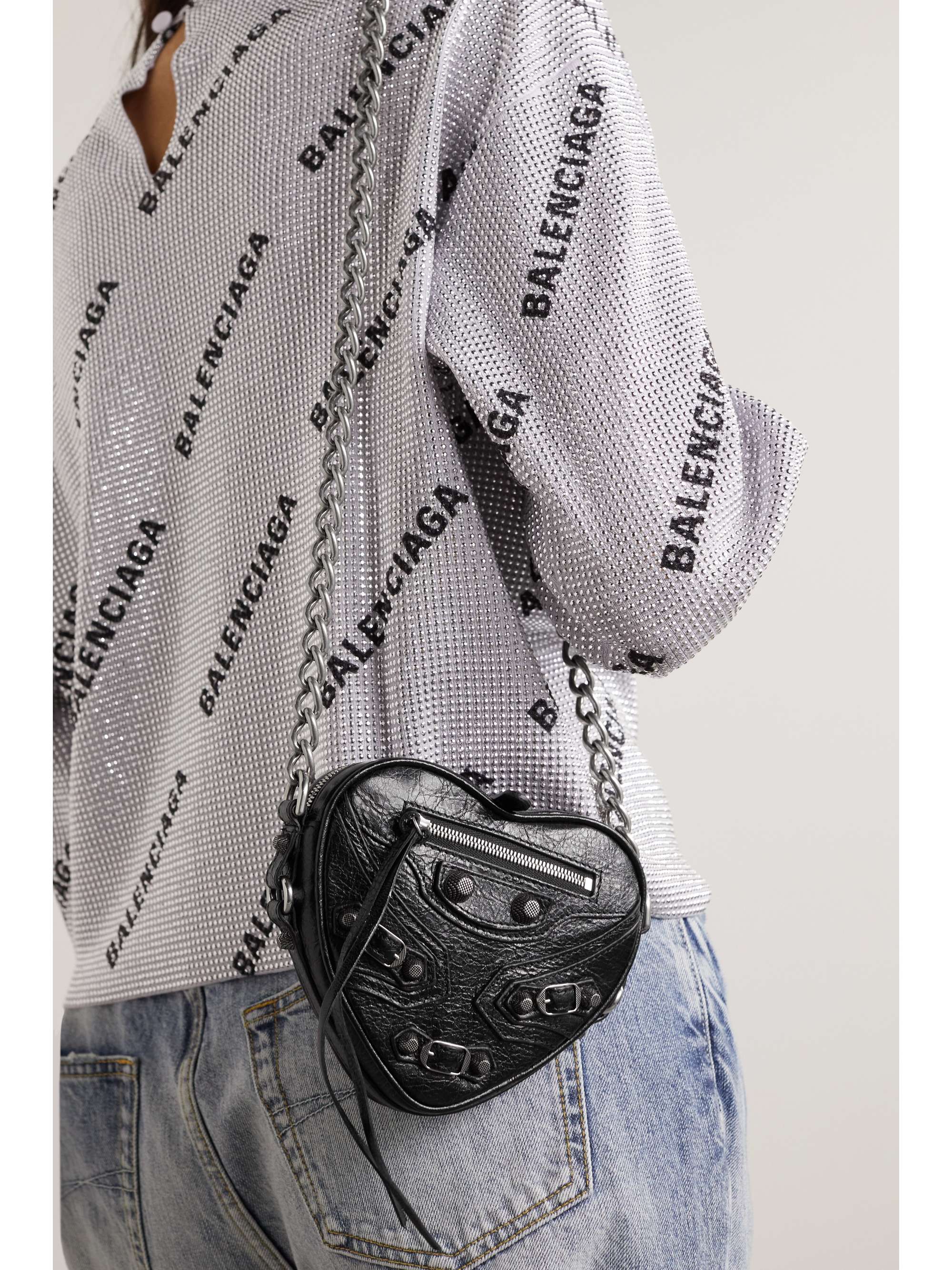 BALENCIAGA Le Cagole Heart mini studded crinkled-leather shoulder bag