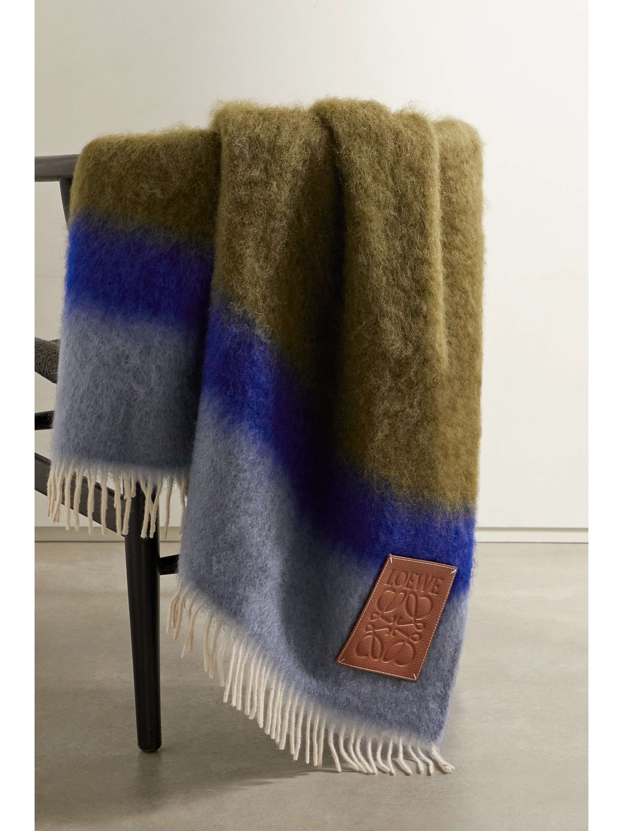 Leather-trimmed fringed striped mohair-blend blanket